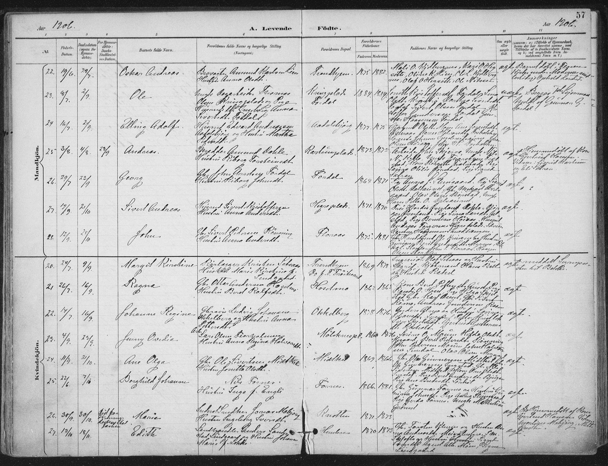 Ministerialprotokoller, klokkerbøker og fødselsregistre - Nord-Trøndelag, AV/SAT-A-1458/703/L0031: Parish register (official) no. 703A04, 1893-1914, p. 57