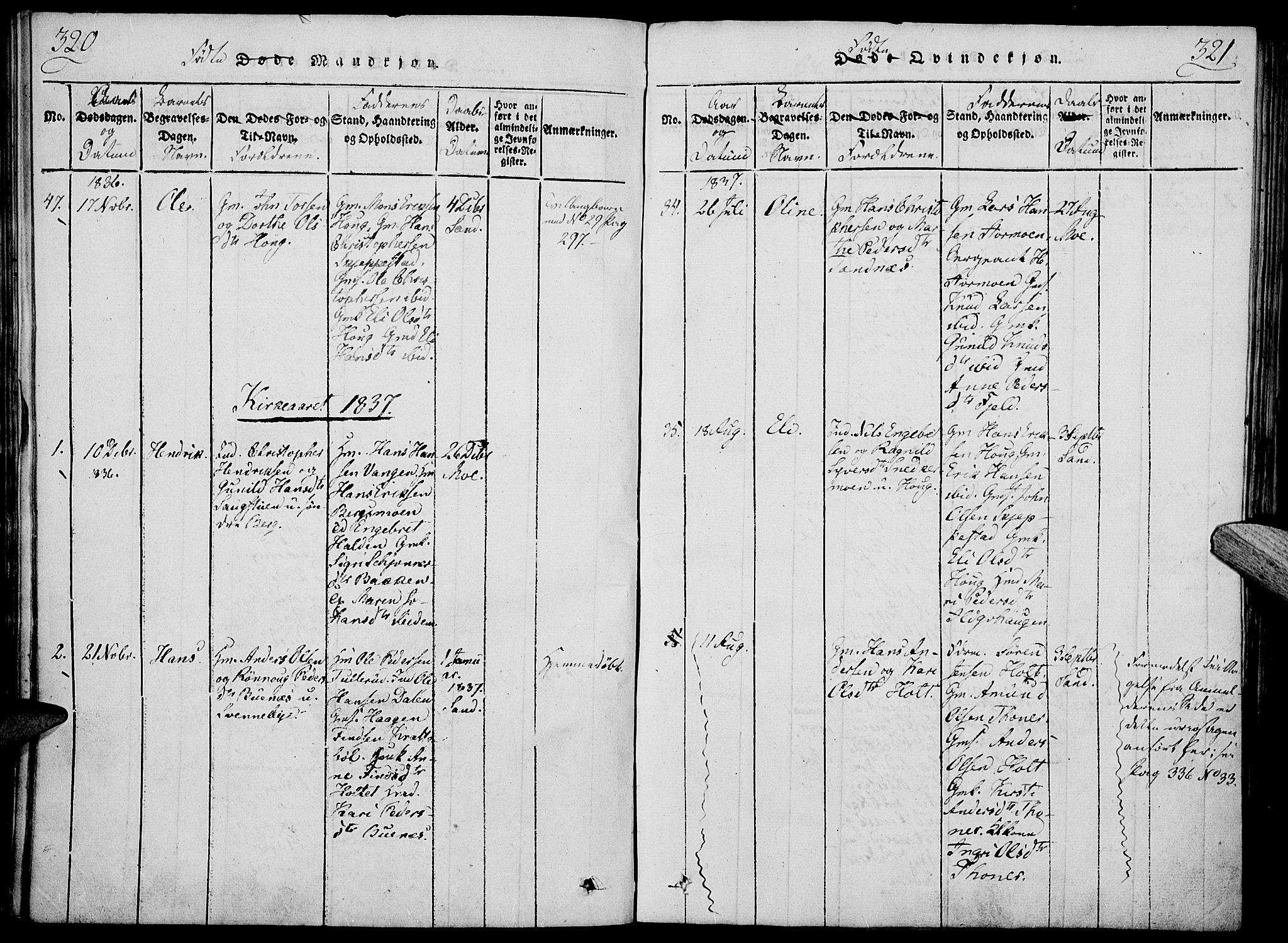 Nord-Odal prestekontor, AV/SAH-PREST-032/H/Ha/Haa/L0001: Parish register (official) no. 1, 1819-1838, p. 320-321