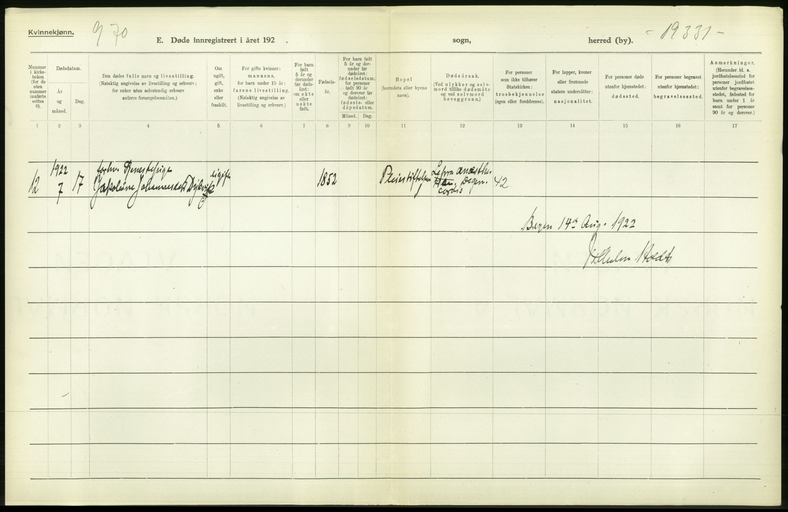 Statistisk sentralbyrå, Sosiodemografiske emner, Befolkning, AV/RA-S-2228/D/Df/Dfc/Dfcb/L0030: Bergen: Gifte, døde, dødfødte., 1922, p. 434