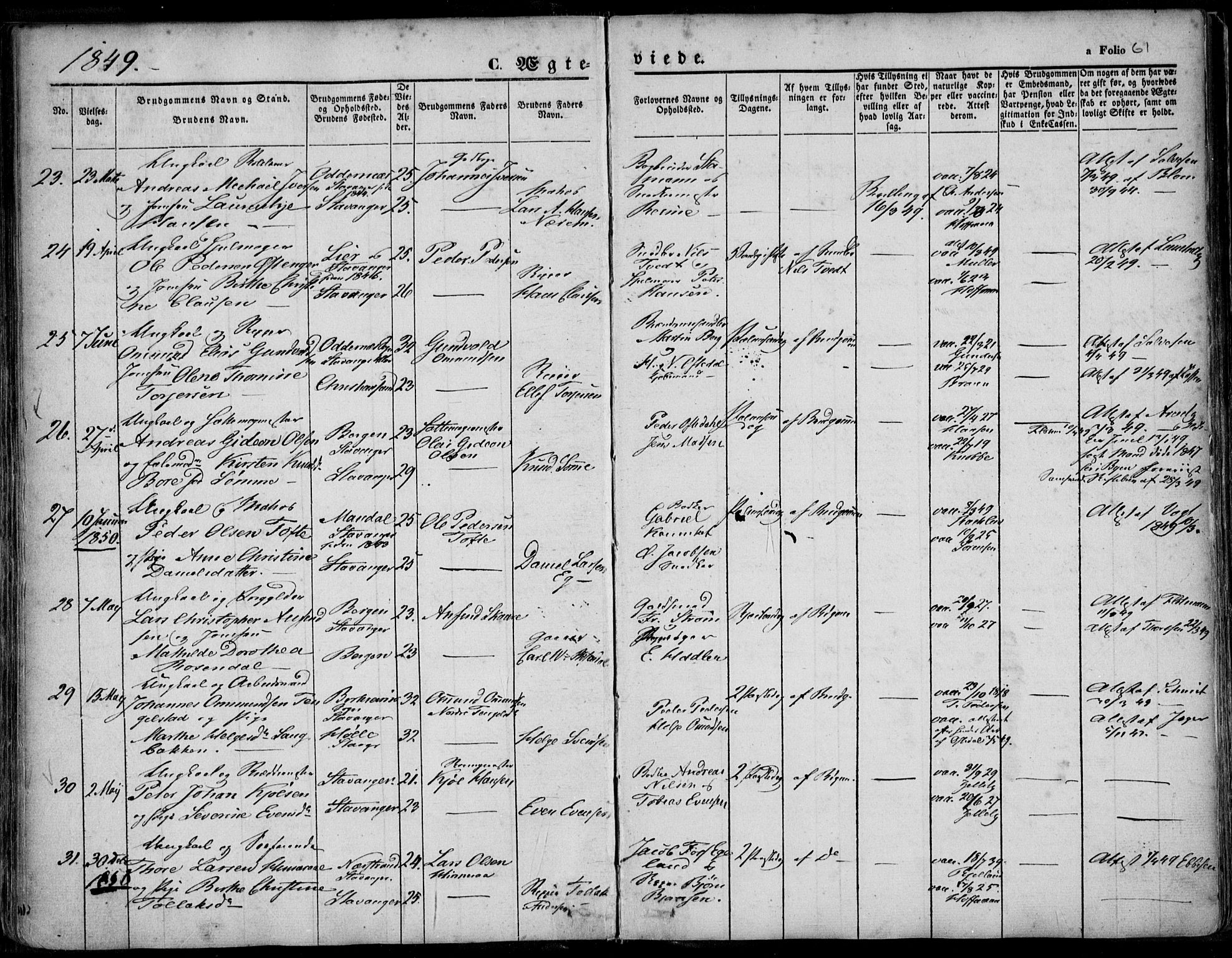 Domkirken sokneprestkontor, AV/SAST-A-101812/001/30/30BA/L0015: Parish register (official) no. A 14, 1842-1857, p. 61