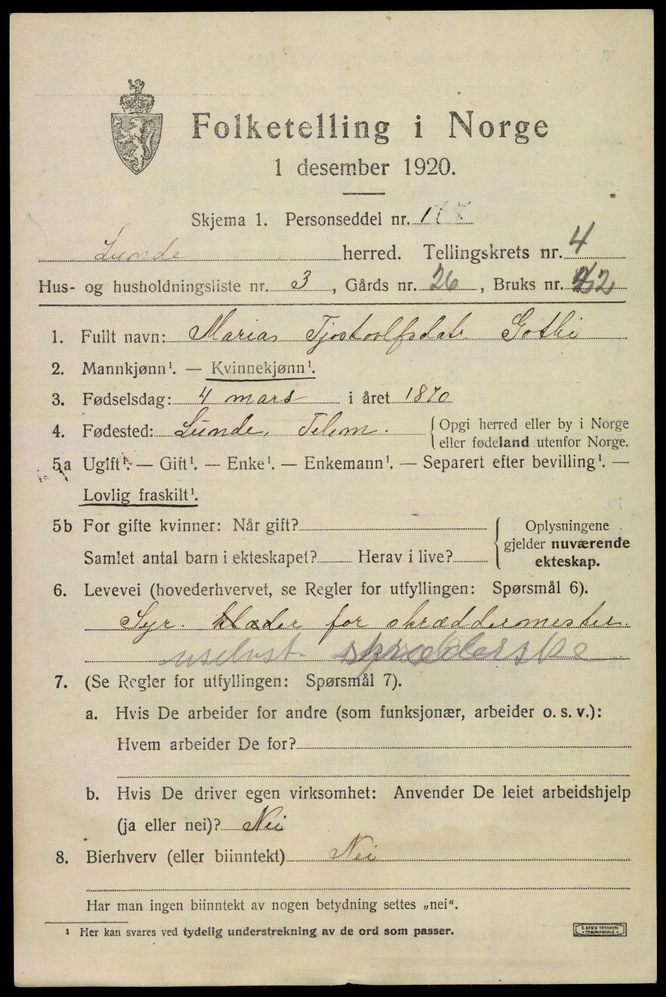 SAKO, 1920 census for Lunde, 1920, p. 3001