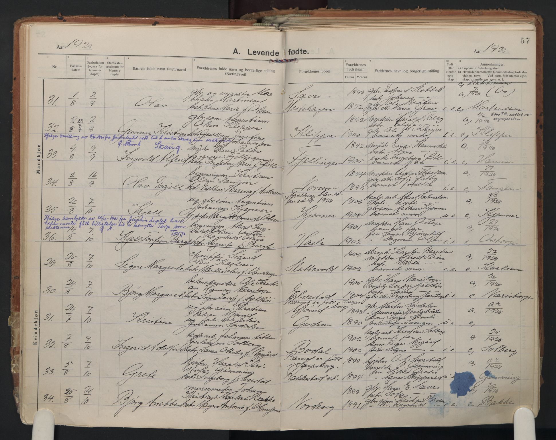 Rakkestad prestekontor Kirkebøker, AV/SAO-A-2008/F/Fa/L0016: Parish register (official) no. I 16, 1922-1943, p. 57