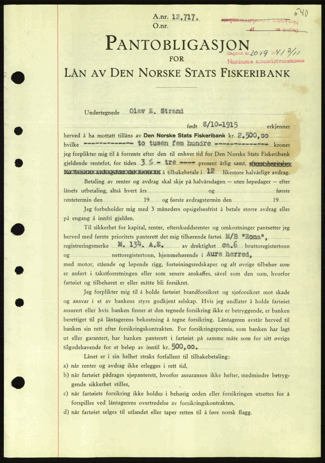 Nordmøre sorenskriveri, SAT/A-4132/1/2/2Ca: Mortgage book no. B88, 1941-1942, Diary no: : 2049/1941