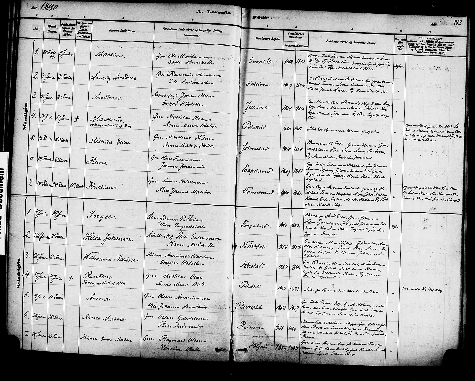 Førde sokneprestembete, SAB/A-79901/H/Haa/Haad/L0001: Parish register (official) no. D 1, 1881-1898, p. 52