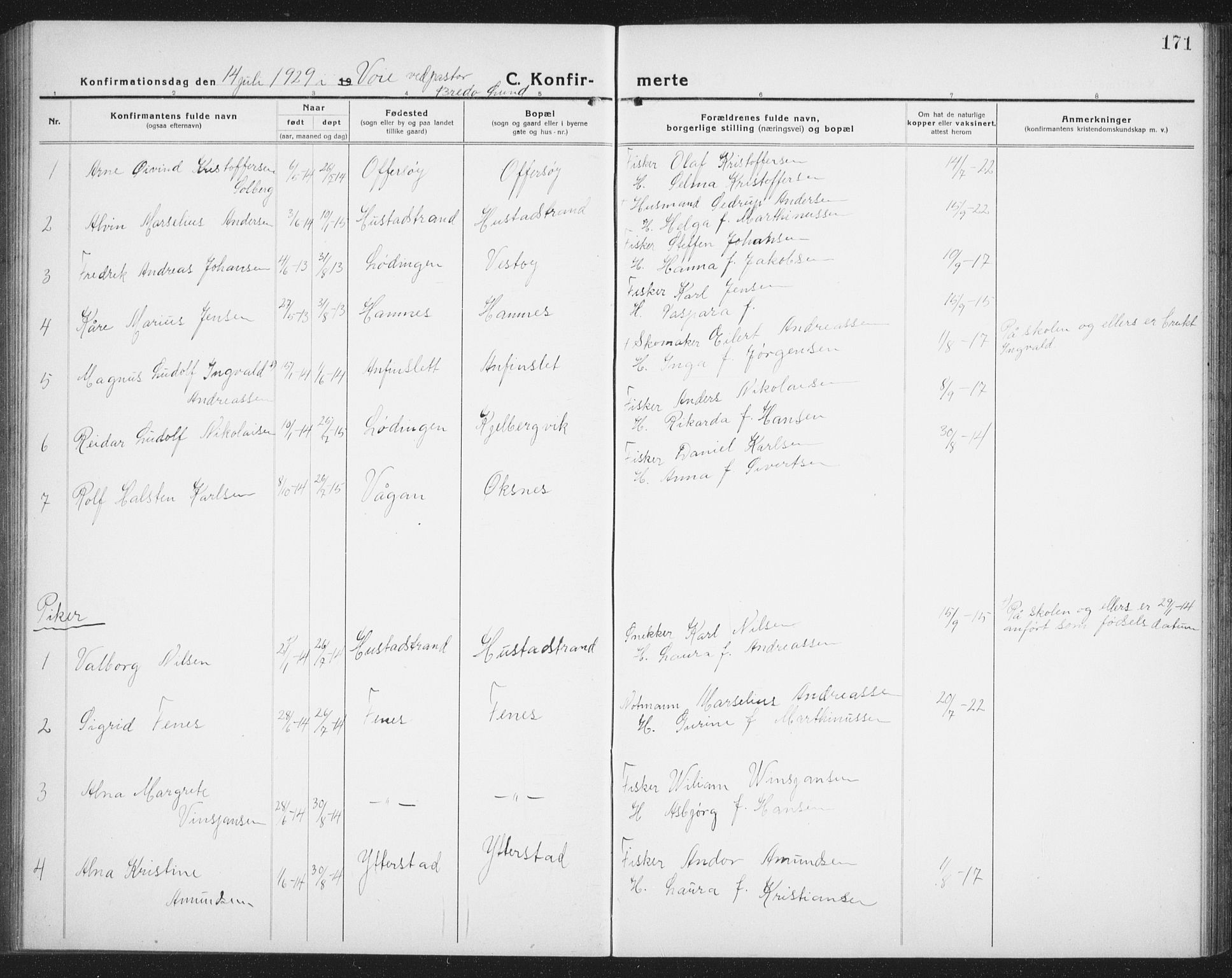 Ministerialprotokoller, klokkerbøker og fødselsregistre - Nordland, AV/SAT-A-1459/872/L1049: Parish register (copy) no. 872C05, 1920-1938, p. 171