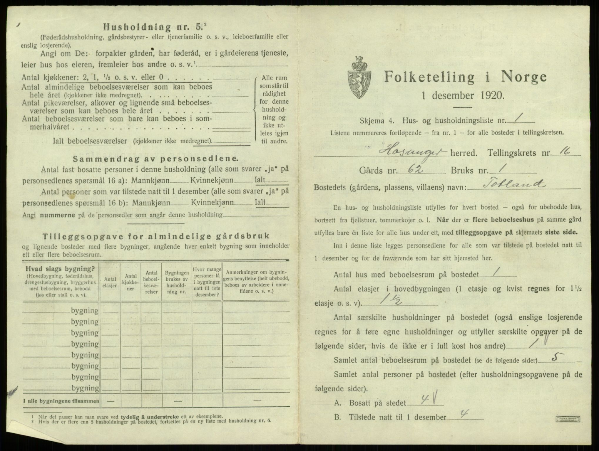 SAB, 1920 census for Hosanger, 1920, p. 824