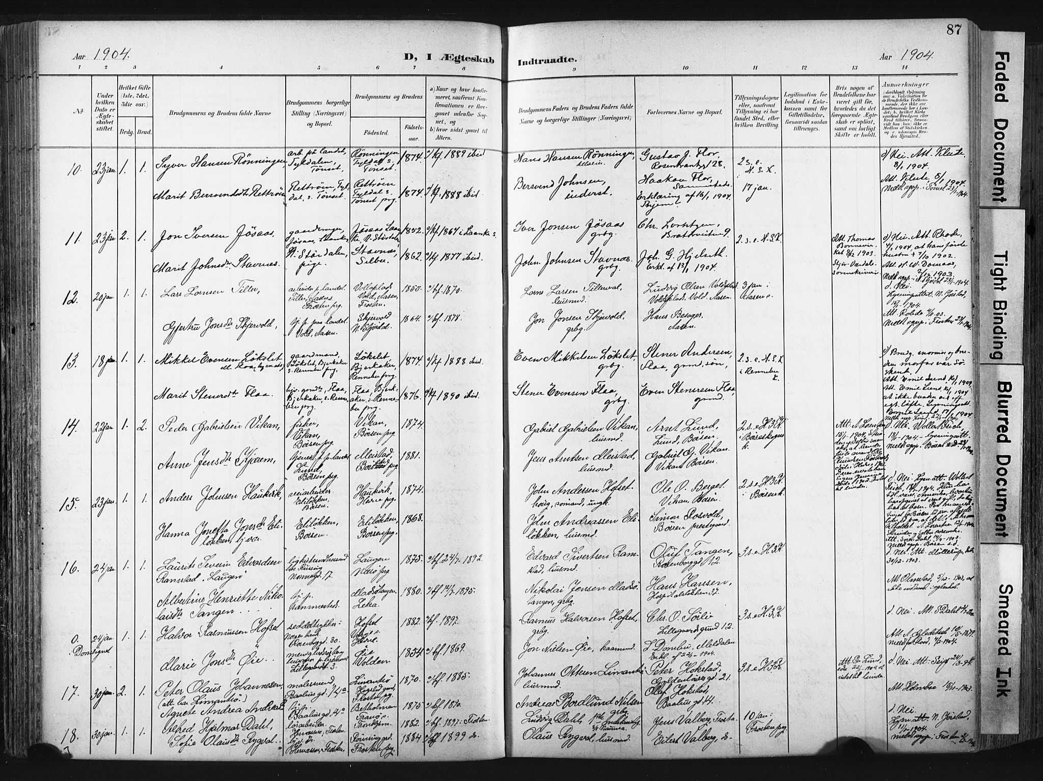 Ministerialprotokoller, klokkerbøker og fødselsregistre - Sør-Trøndelag, AV/SAT-A-1456/604/L0201: Parish register (official) no. 604A21, 1901-1911, p. 87