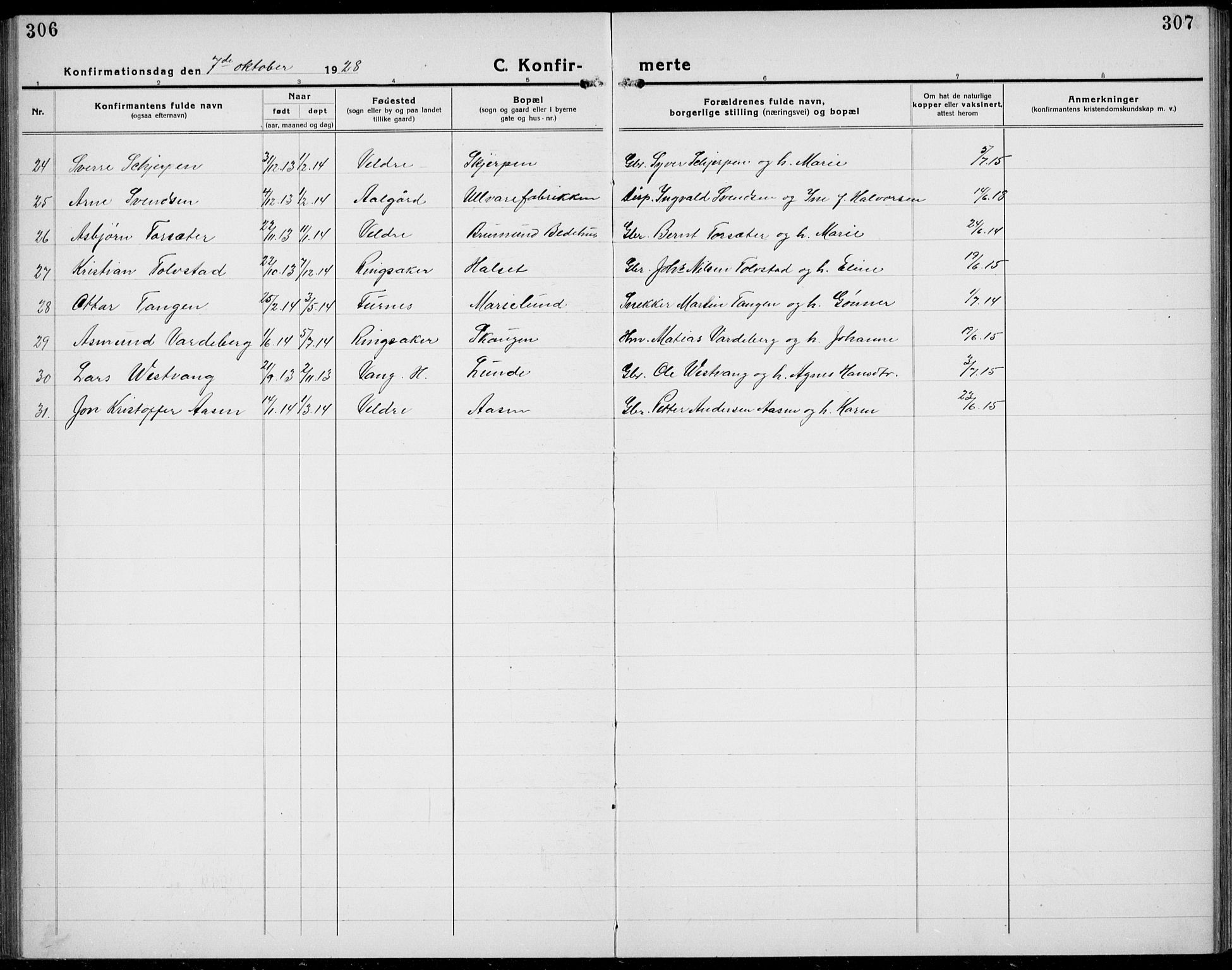 Veldre prestekontor, SAH/PREST-018/L/La/L0001: Parish register (copy) no. 1, 1921-1934, p. 306-307