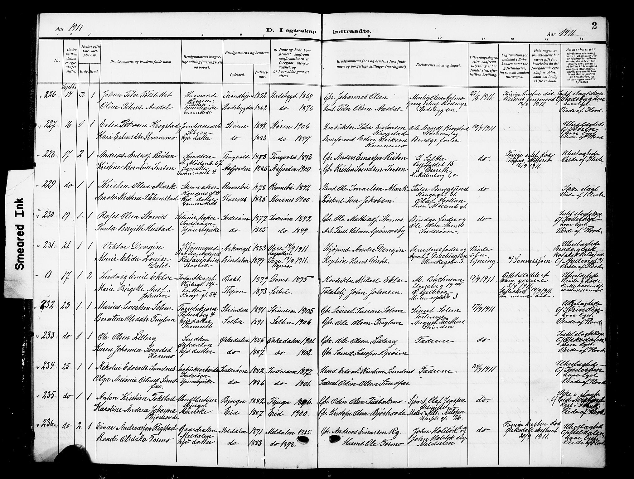Ministerialprotokoller, klokkerbøker og fødselsregistre - Sør-Trøndelag, SAT/A-1456/601/L0097: Parish register (copy) no. 601C15, 1911-1921, p. 2