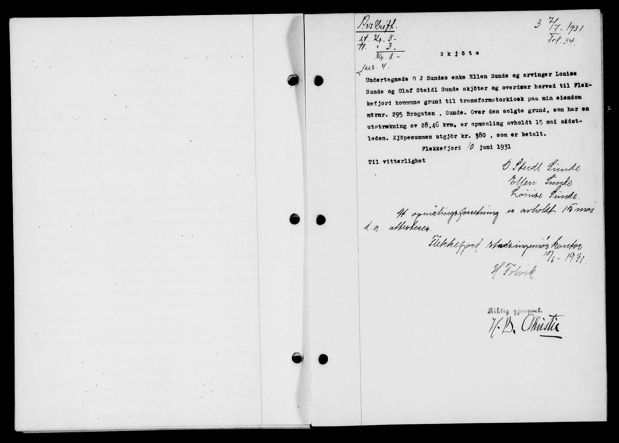 Flekkefjord sorenskriveri, AV/SAK-1221-0001/G/Gb/Gba/L0046: Mortgage book no. 44, 1930-1931, Deed date: 07.07.1931