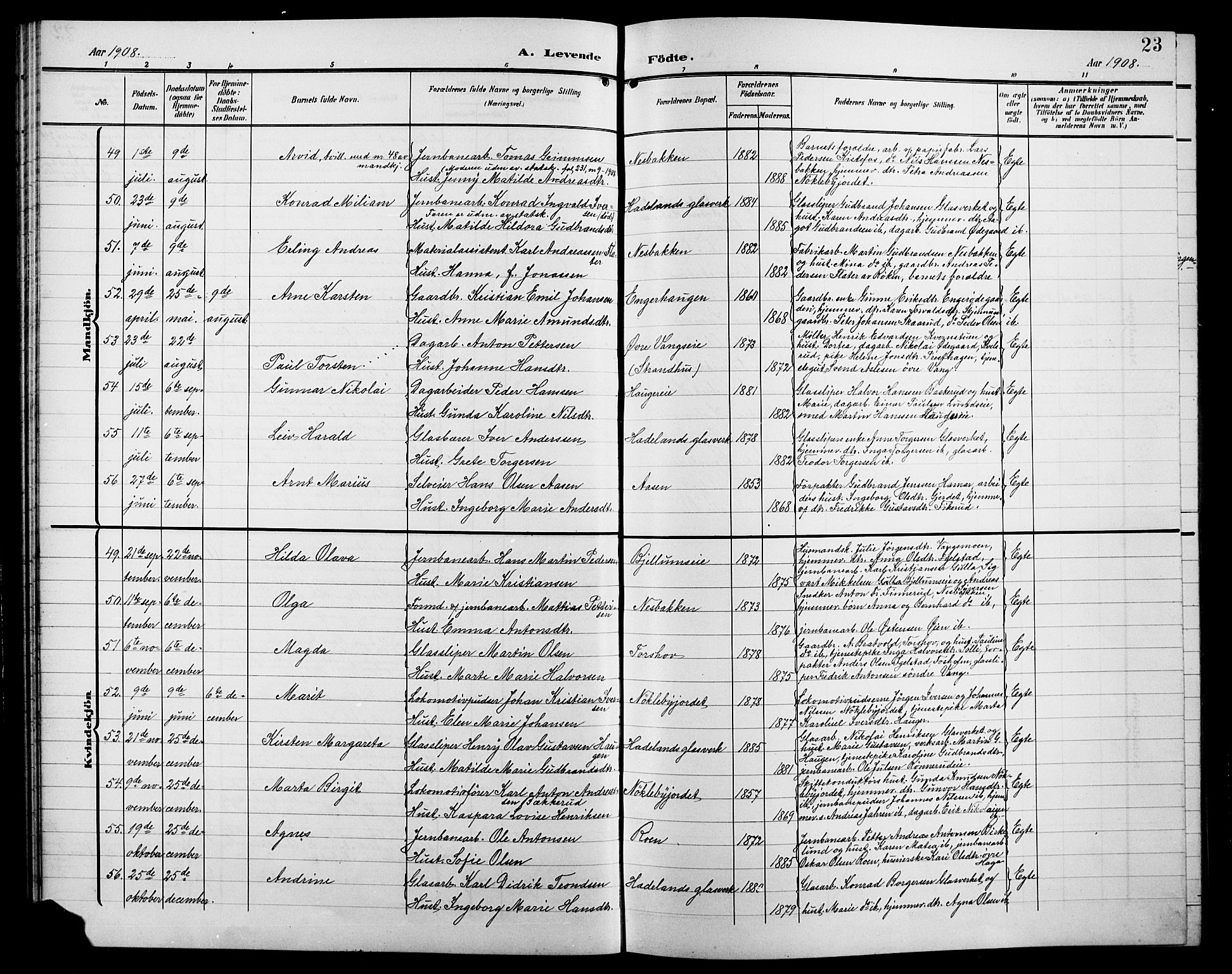 Jevnaker prestekontor, SAH/PREST-116/H/Ha/Hab/L0004: Parish register (copy) no. 4, 1907-1918, p. 23