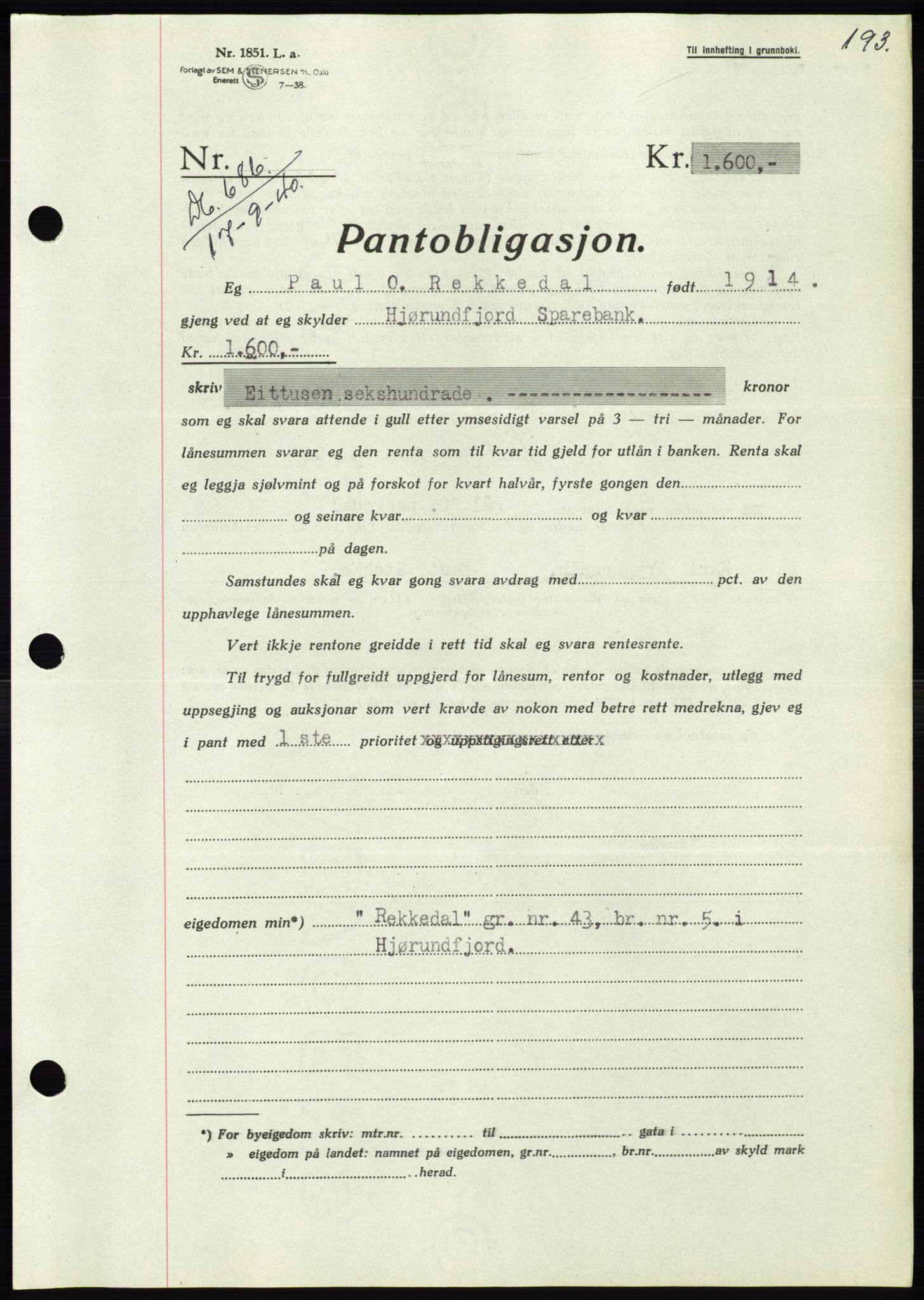 Søre Sunnmøre sorenskriveri, AV/SAT-A-4122/1/2/2C/L0070: Mortgage book no. 64, 1940-1941, Diary no: : 686/1940