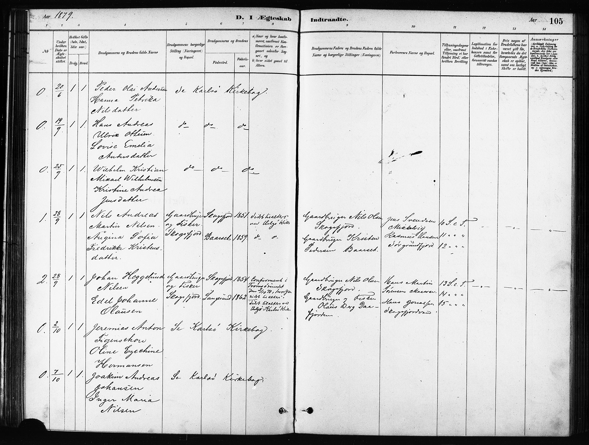 Karlsøy sokneprestembete, SATØ/S-1299/H/Ha/Haa/L0011kirke: Parish register (official) no. 11, 1879-1892, p. 105