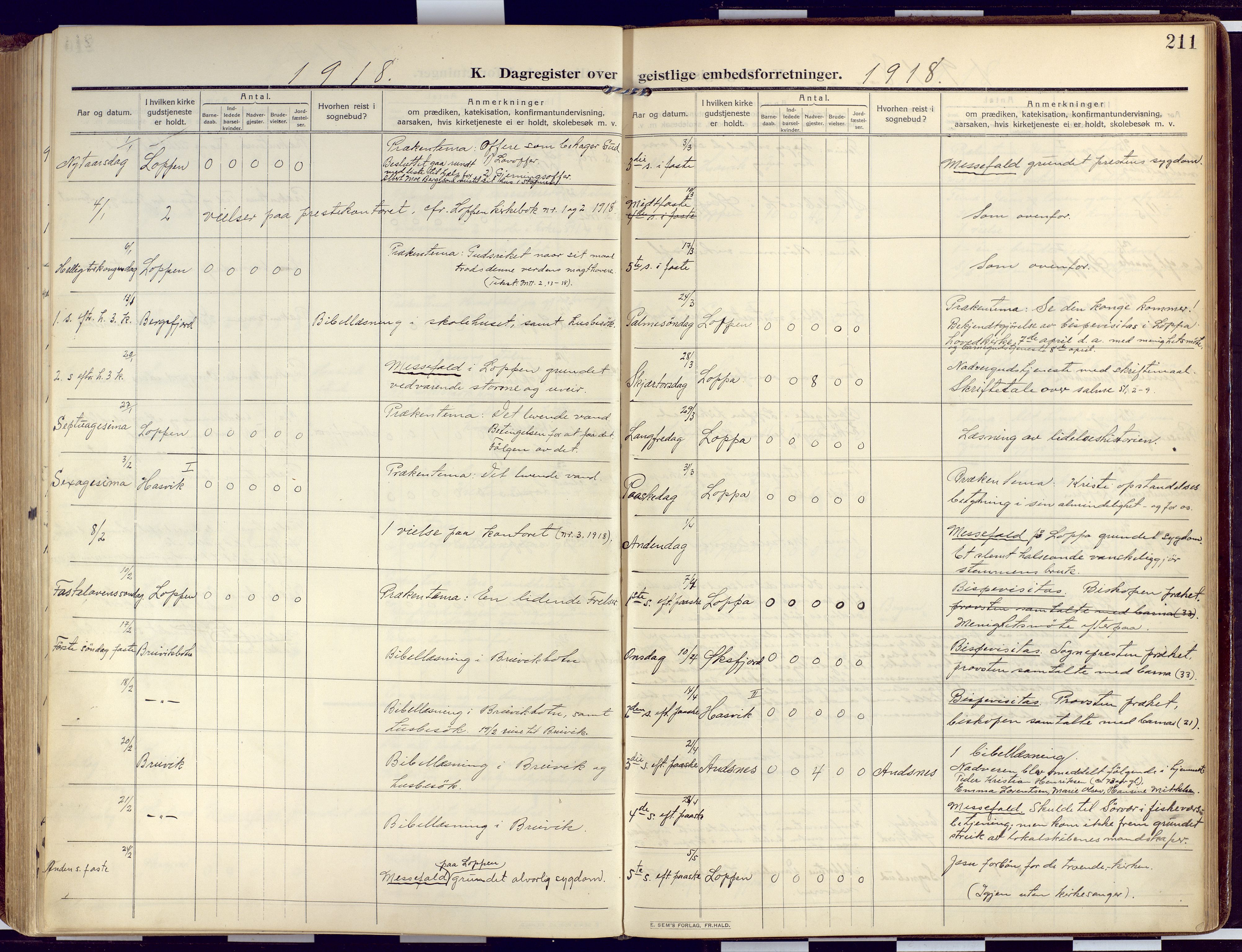 Loppa sokneprestkontor, SATØ/S-1339/H/Ha/L0011kirke: Parish register (official) no. 11, 1909-1919, p. 211