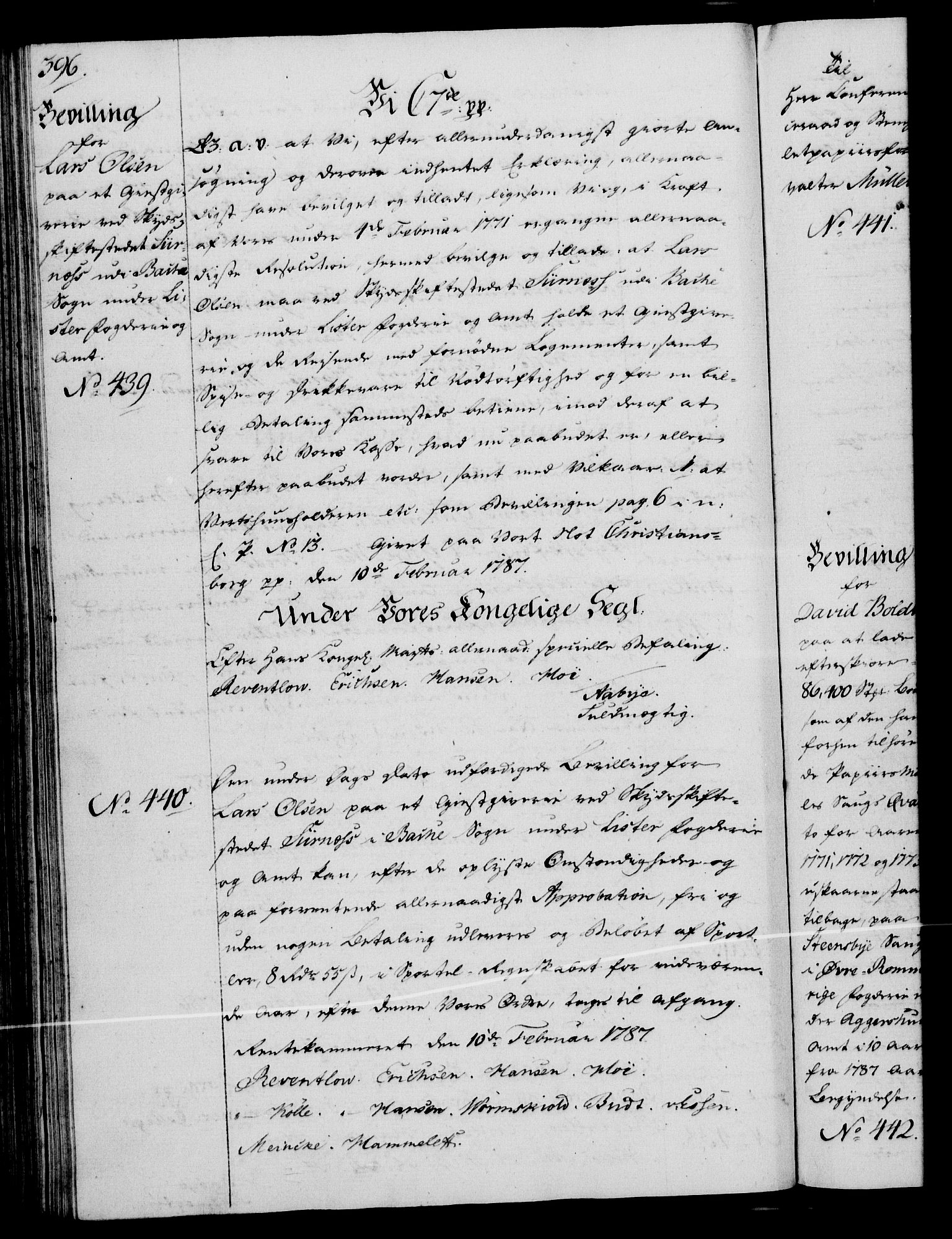 Rentekammeret, Kammerkanselliet, RA/EA-3111/G/Gg/Gga/L0013: Norsk ekspedisjonsprotokoll med register (merket RK 53.13), 1784-1787, p. 396