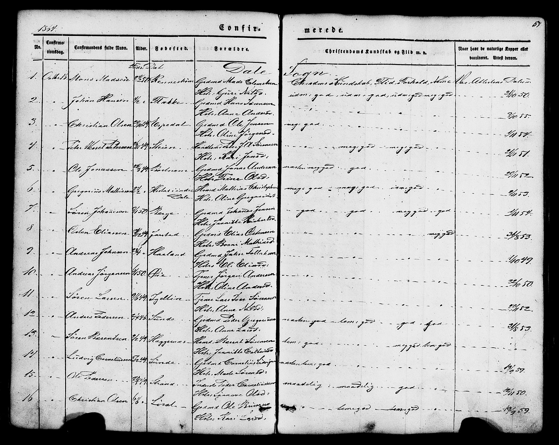Fjaler sokneprestembete, SAB/A-79801/H/Haa/Haaa/L0008: Parish register (official) no. A 8, 1850-1886, p. 57