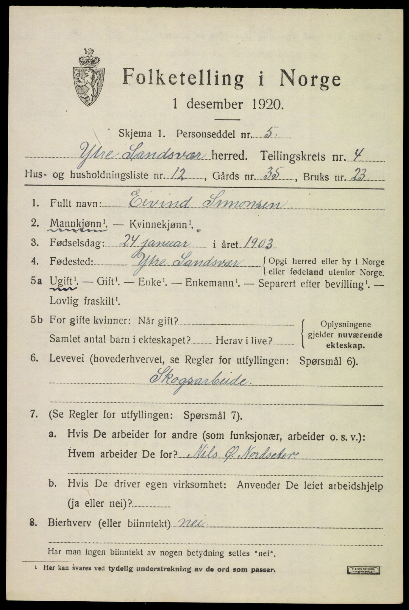 SAKO, 1920 census for Ytre Sandsvær, 1920, p. 4524