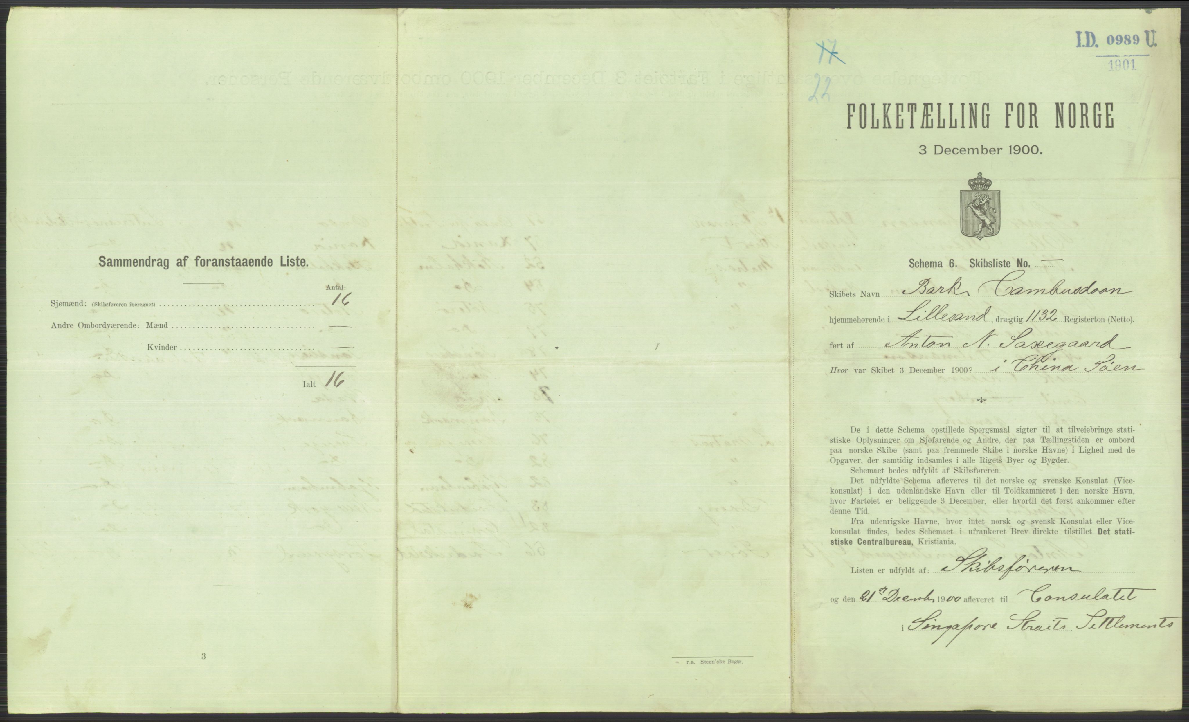 RA, 1900 Census - ship lists from ships in Norwegian harbours, harbours abroad and at sea, 1900, p. 6185