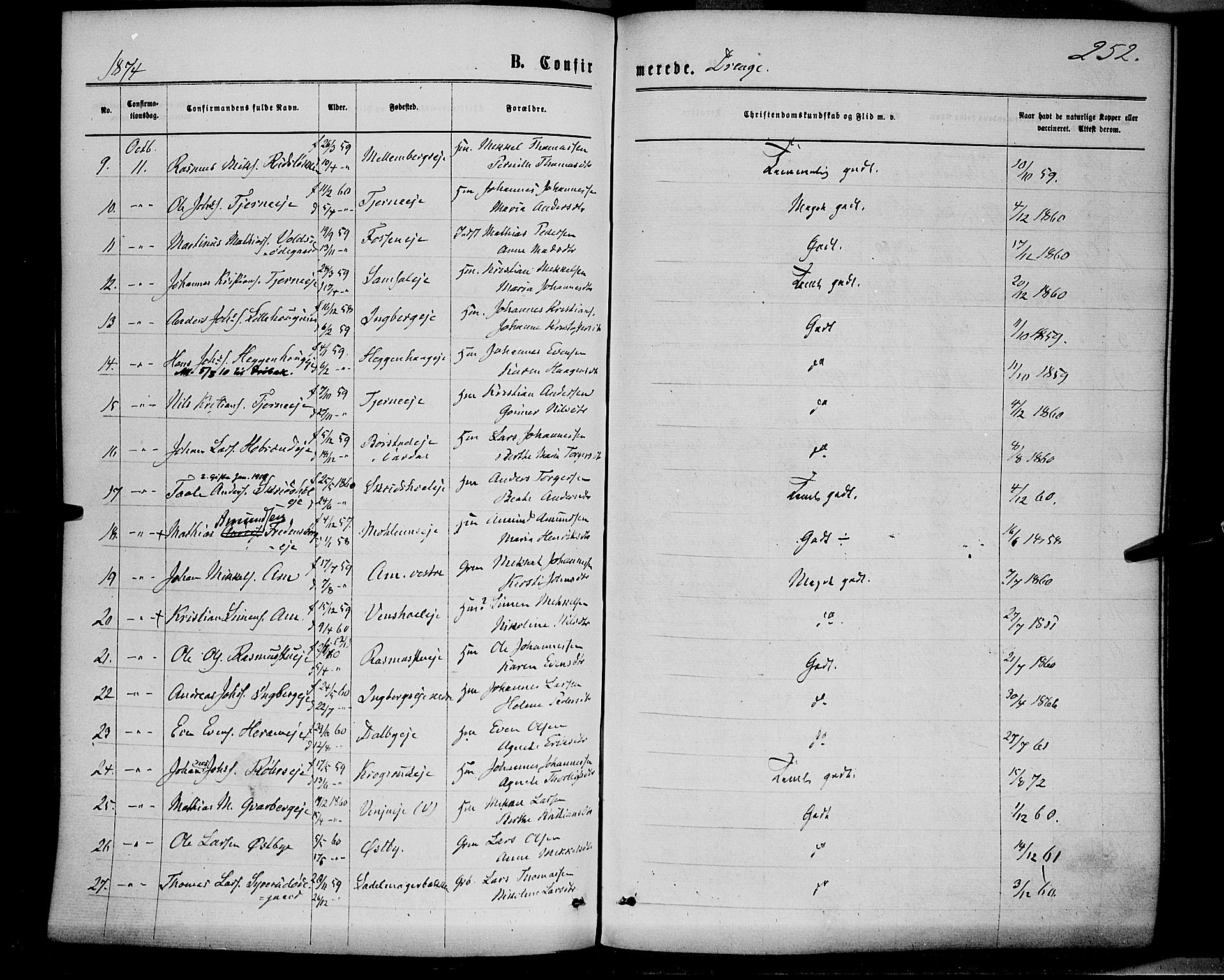 Ringsaker prestekontor, AV/SAH-PREST-014/K/Ka/L0011: Parish register (official) no. 11, 1870-1878, p. 252