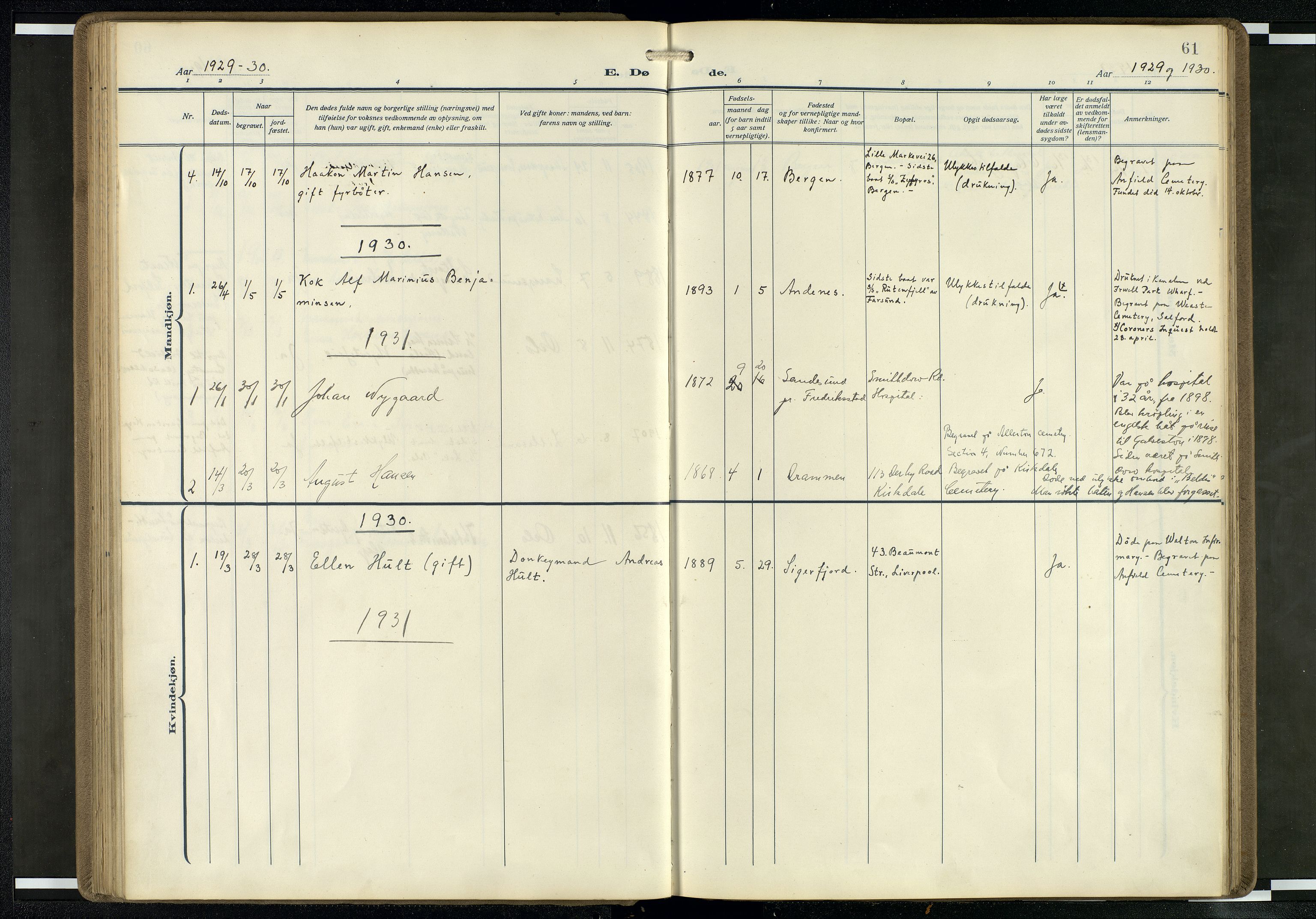 Den norske sjømannsmisjon i utlandet/Mersey-havnene (Liverpool), SAB/SAB/PA-0104/H/Ha/L0001: Parish register (official) no. A 1, 1919-1954, p. 60b-61a
