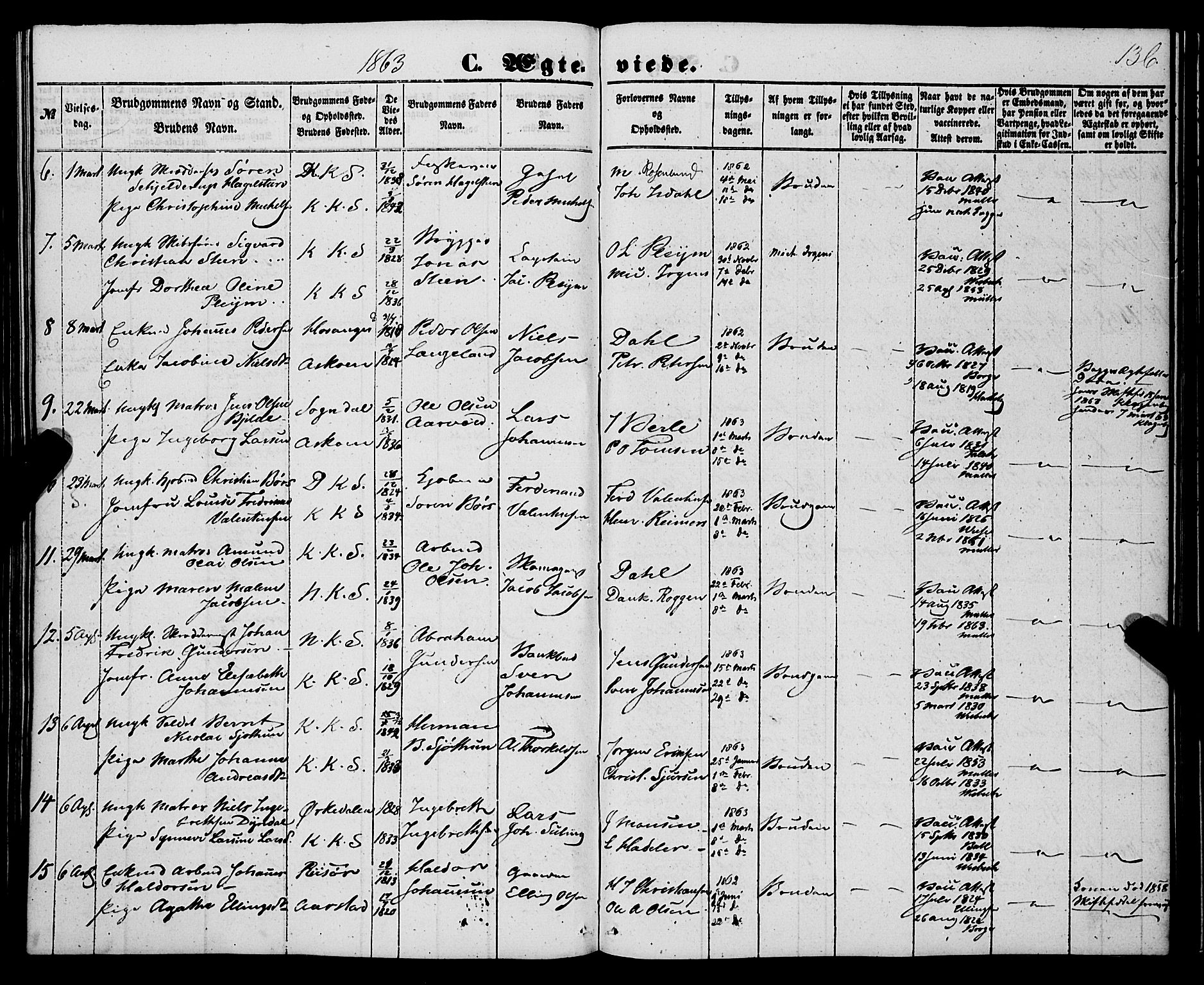 Korskirken sokneprestembete, AV/SAB-A-76101/H/Haa/L0035: Parish register (official) no. D 2, 1852-1867, p. 136