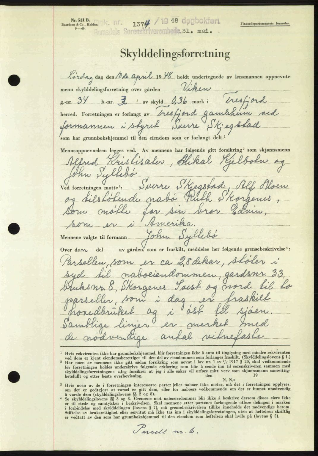 Romsdal sorenskriveri, AV/SAT-A-4149/1/2/2C: Mortgage book no. A26, 1948-1948, Diary no: : 1374/1948