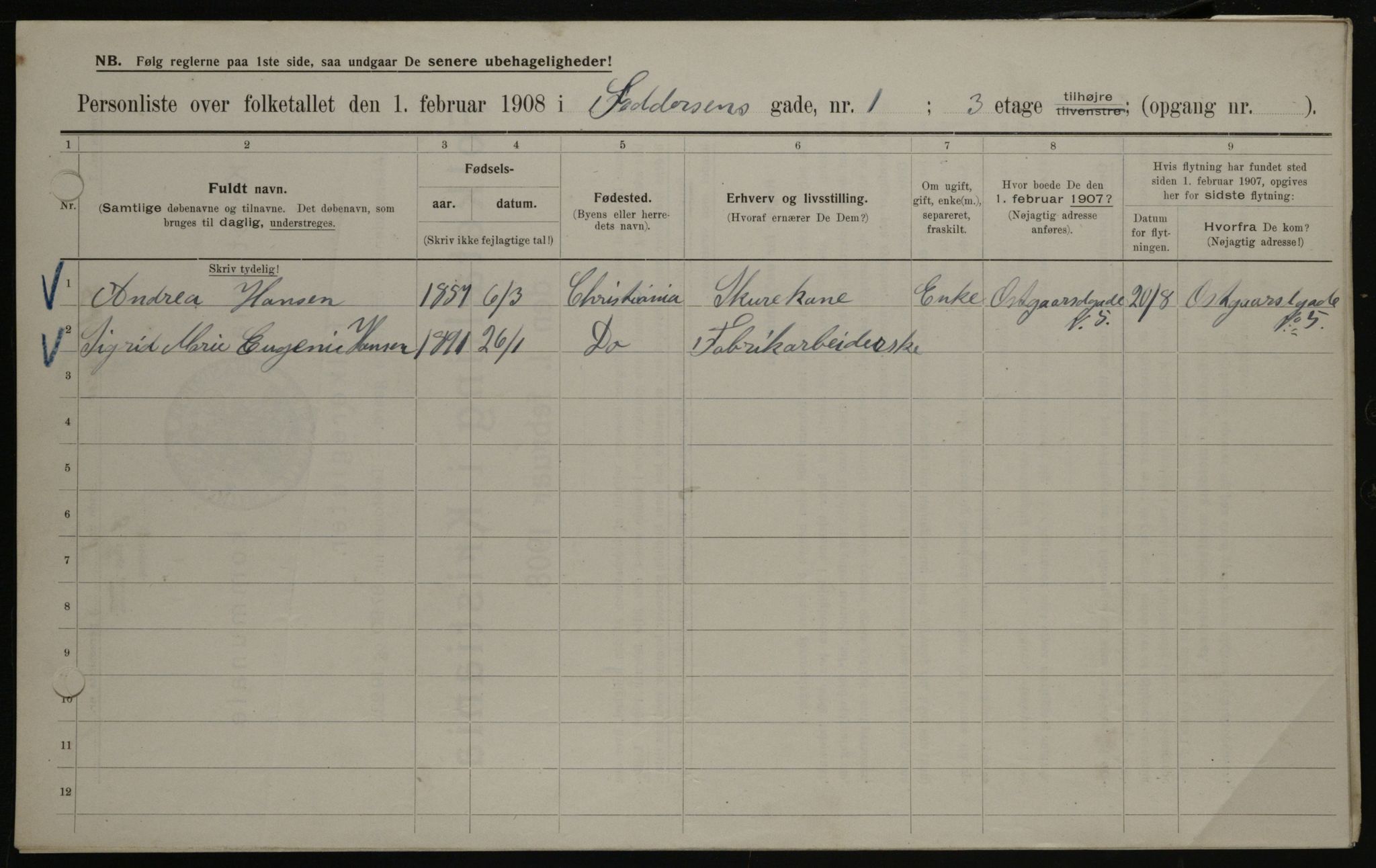 OBA, Municipal Census 1908 for Kristiania, 1908, p. 21815