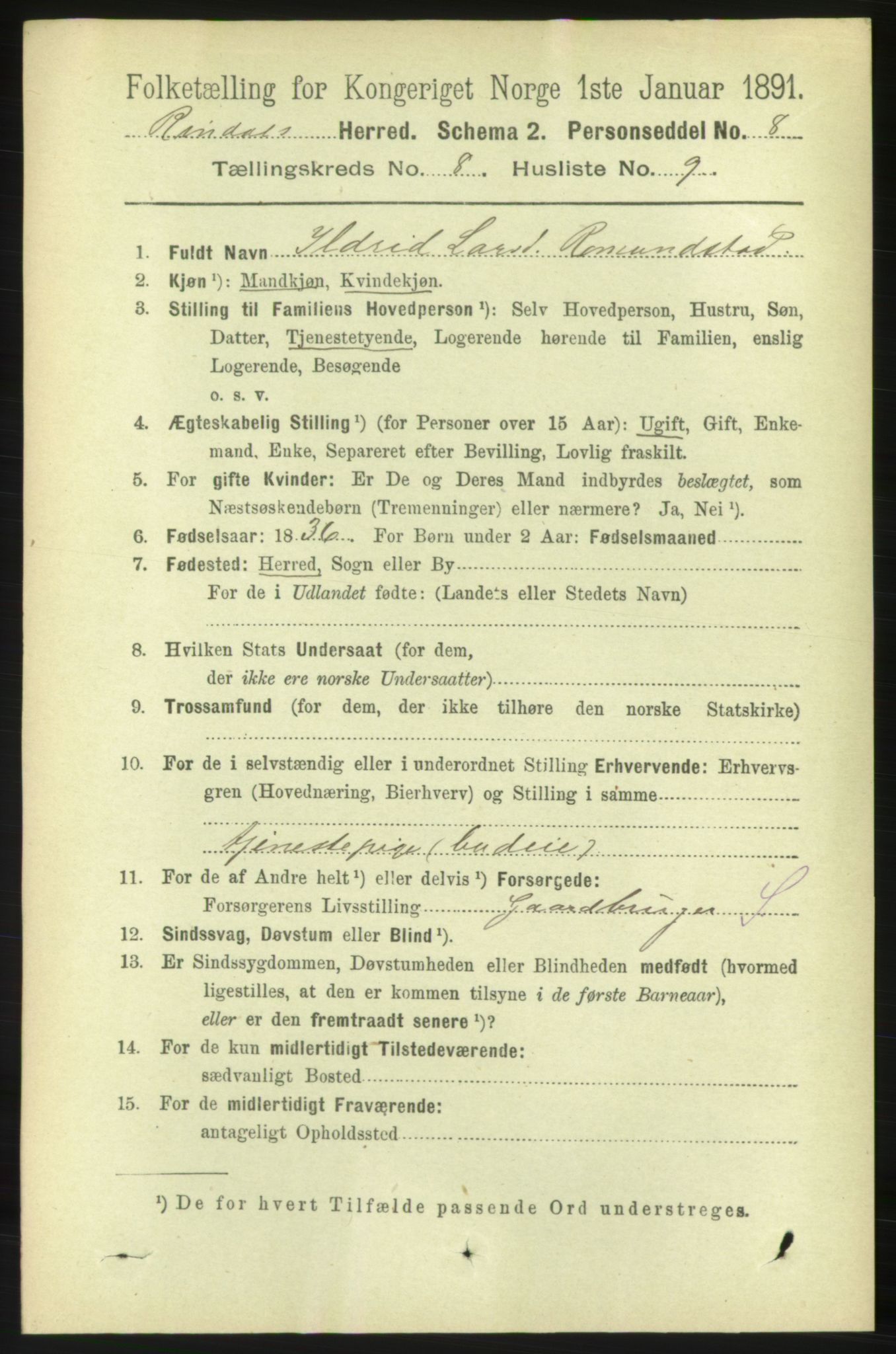 RA, 1891 census for 1567 Rindal, 1891, p. 2535