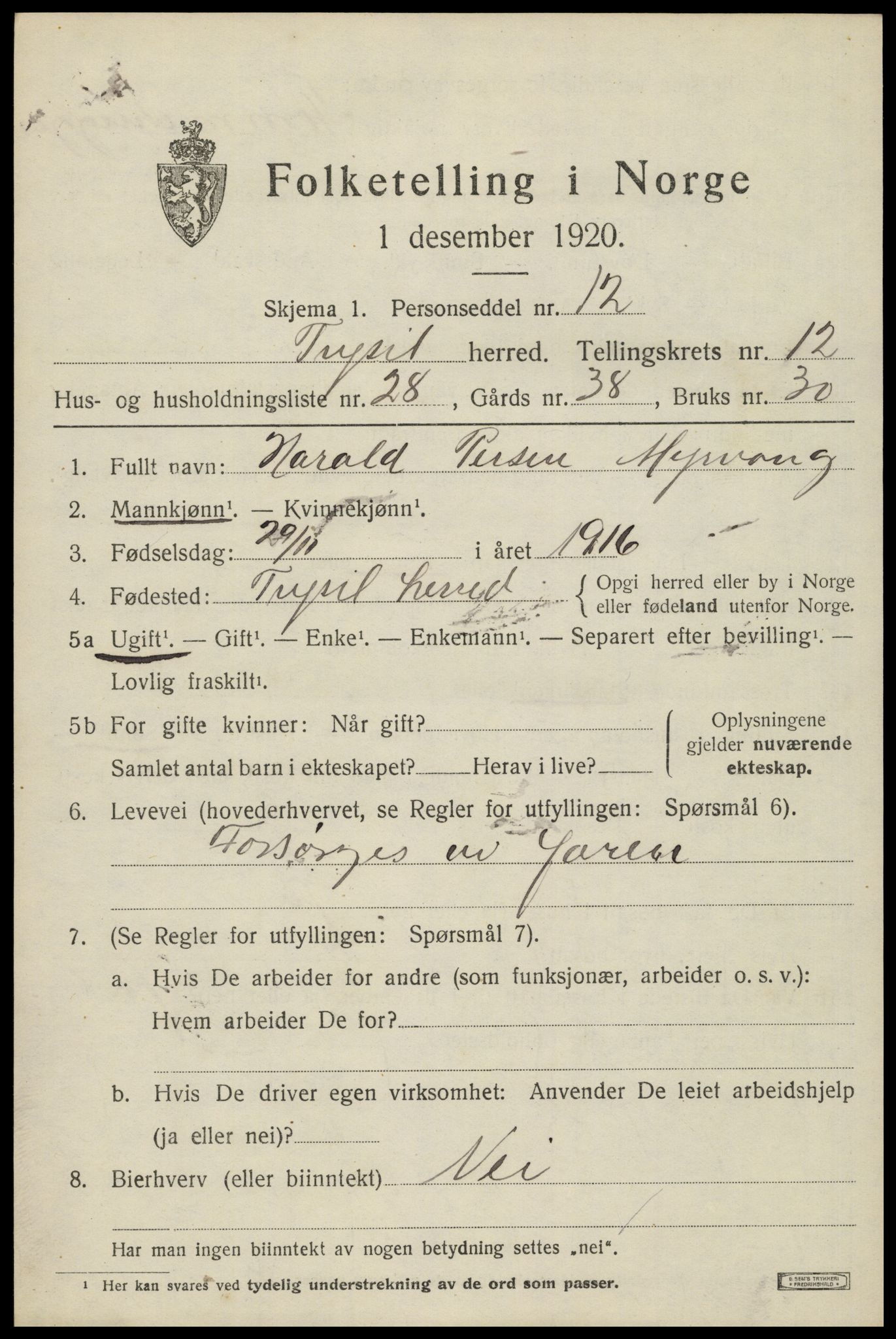 SAH, 1920 census for Trysil, 1920, p. 7513