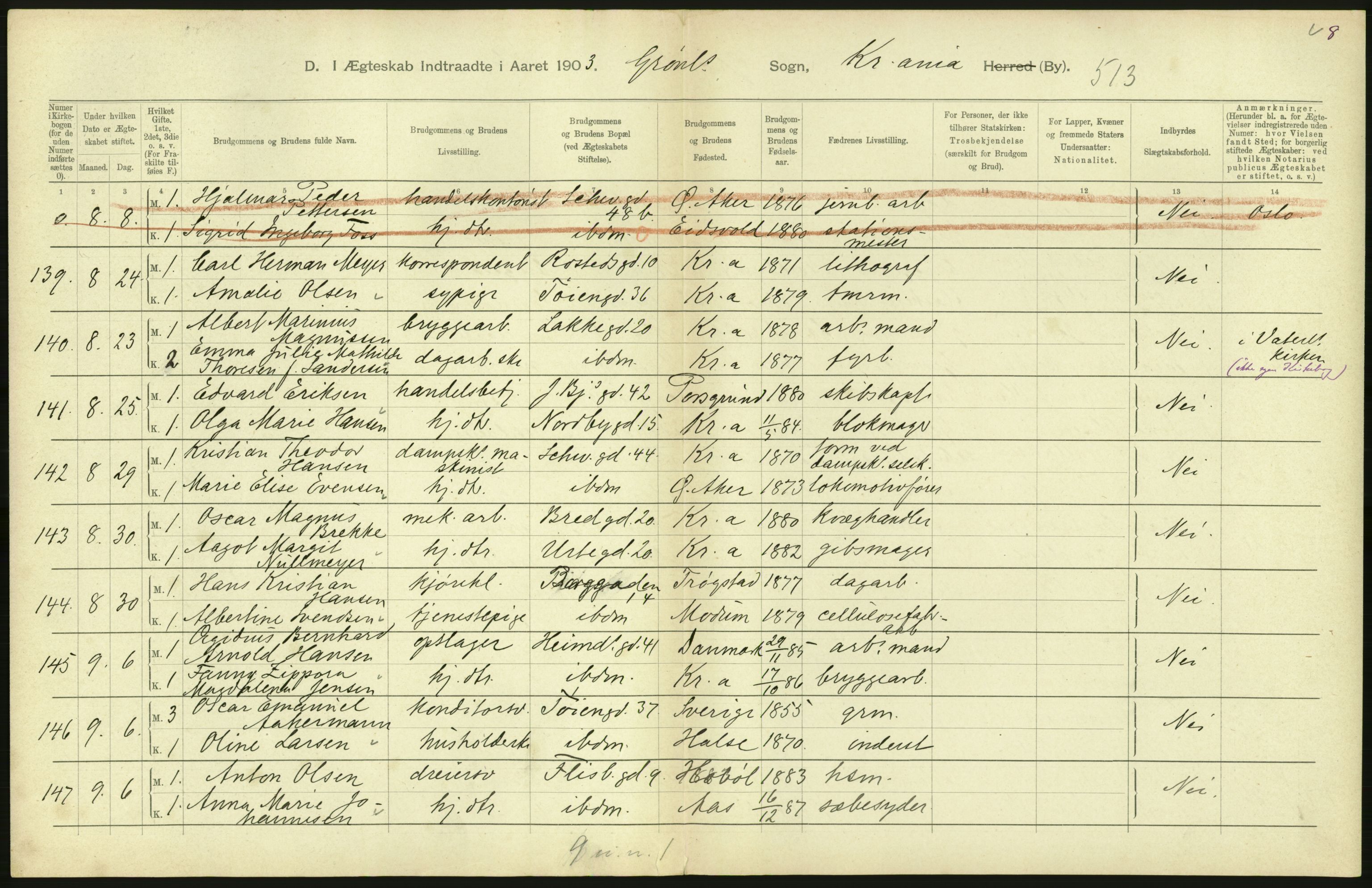 Statistisk sentralbyrå, Sosiodemografiske emner, Befolkning, AV/RA-S-2228/D/Df/Dfa/Dfaa/L0004: Kristiania: Gifte, døde, 1903, p. 446