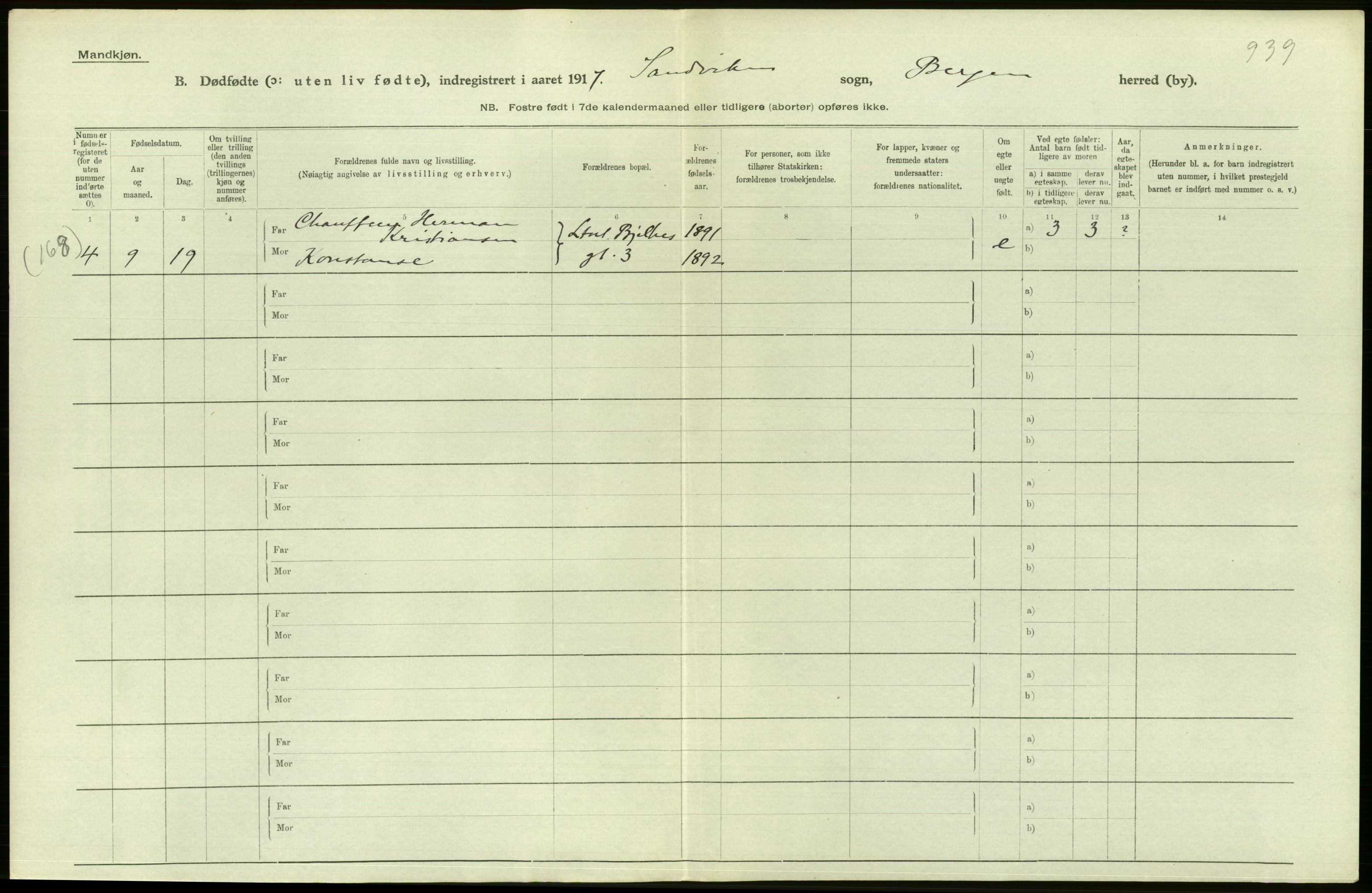 Statistisk sentralbyrå, Sosiodemografiske emner, Befolkning, AV/RA-S-2228/D/Df/Dfb/Dfbg/L0038: Bergen: Gifte, døde, dødfødte., 1917, p. 320