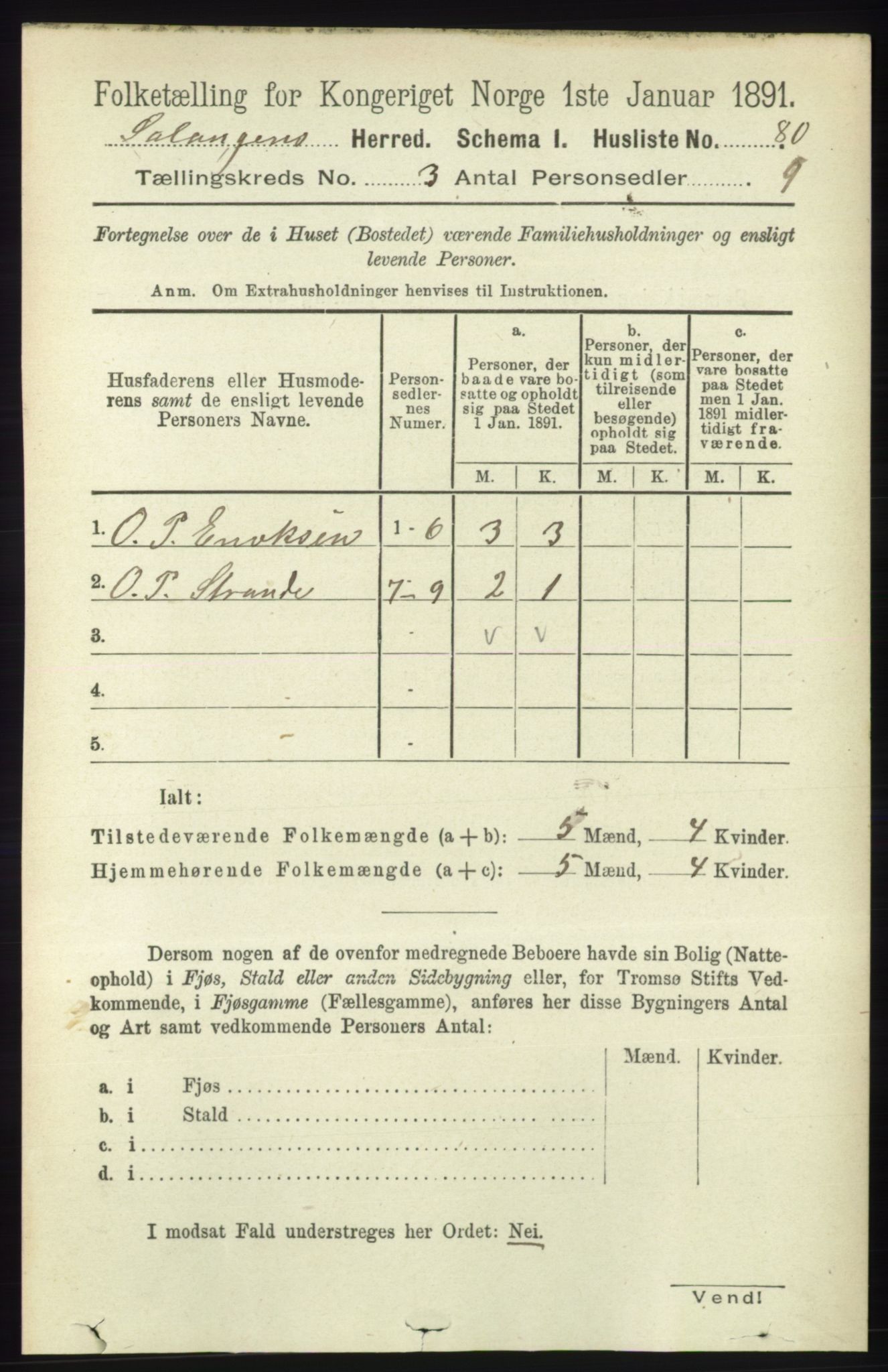 RA, 1891 census for 1921 Salangen, 1891, p. 1218