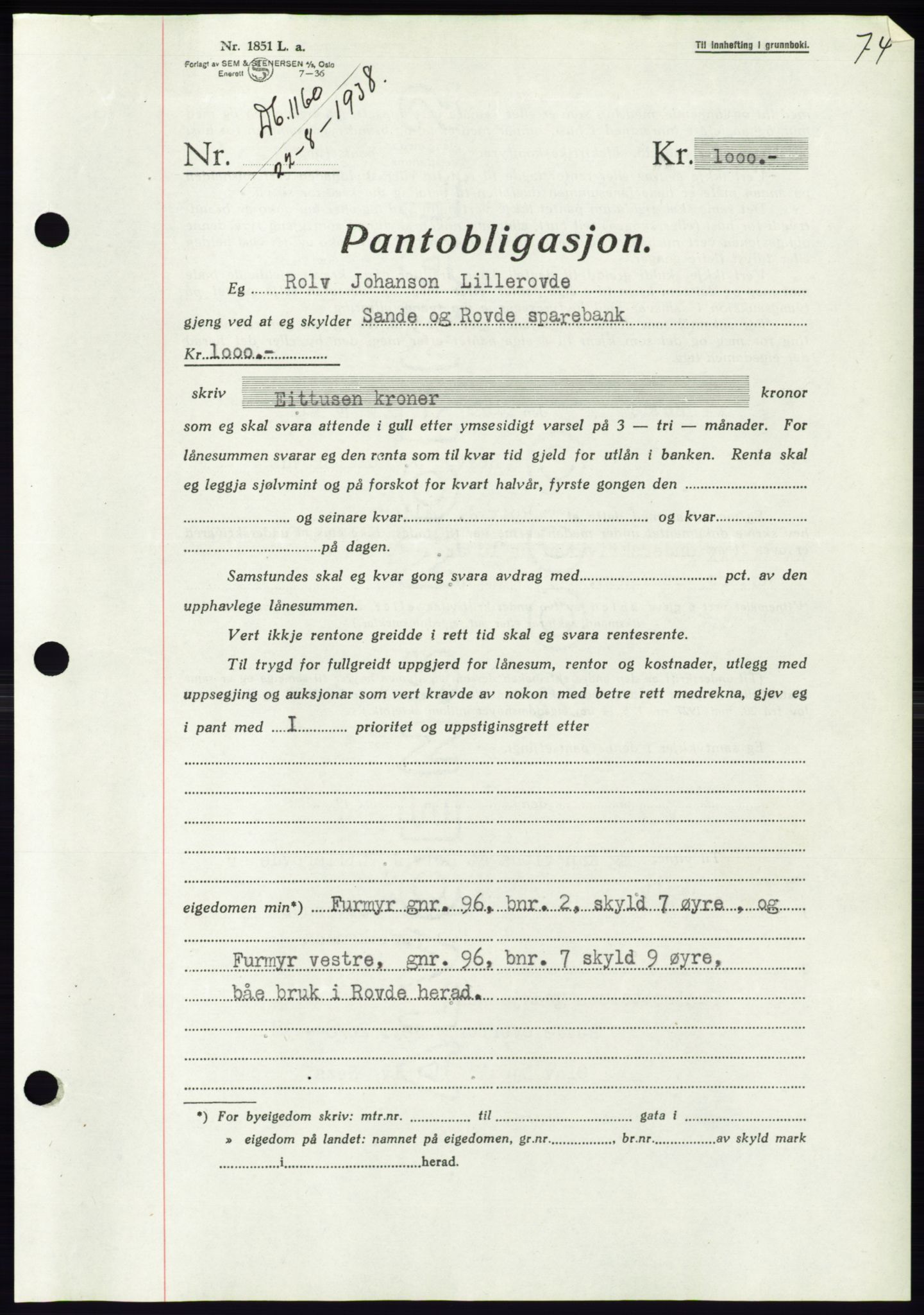 Søre Sunnmøre sorenskriveri, AV/SAT-A-4122/1/2/2C/L0066: Mortgage book no. 60, 1938-1938, Diary no: : 1160/1938