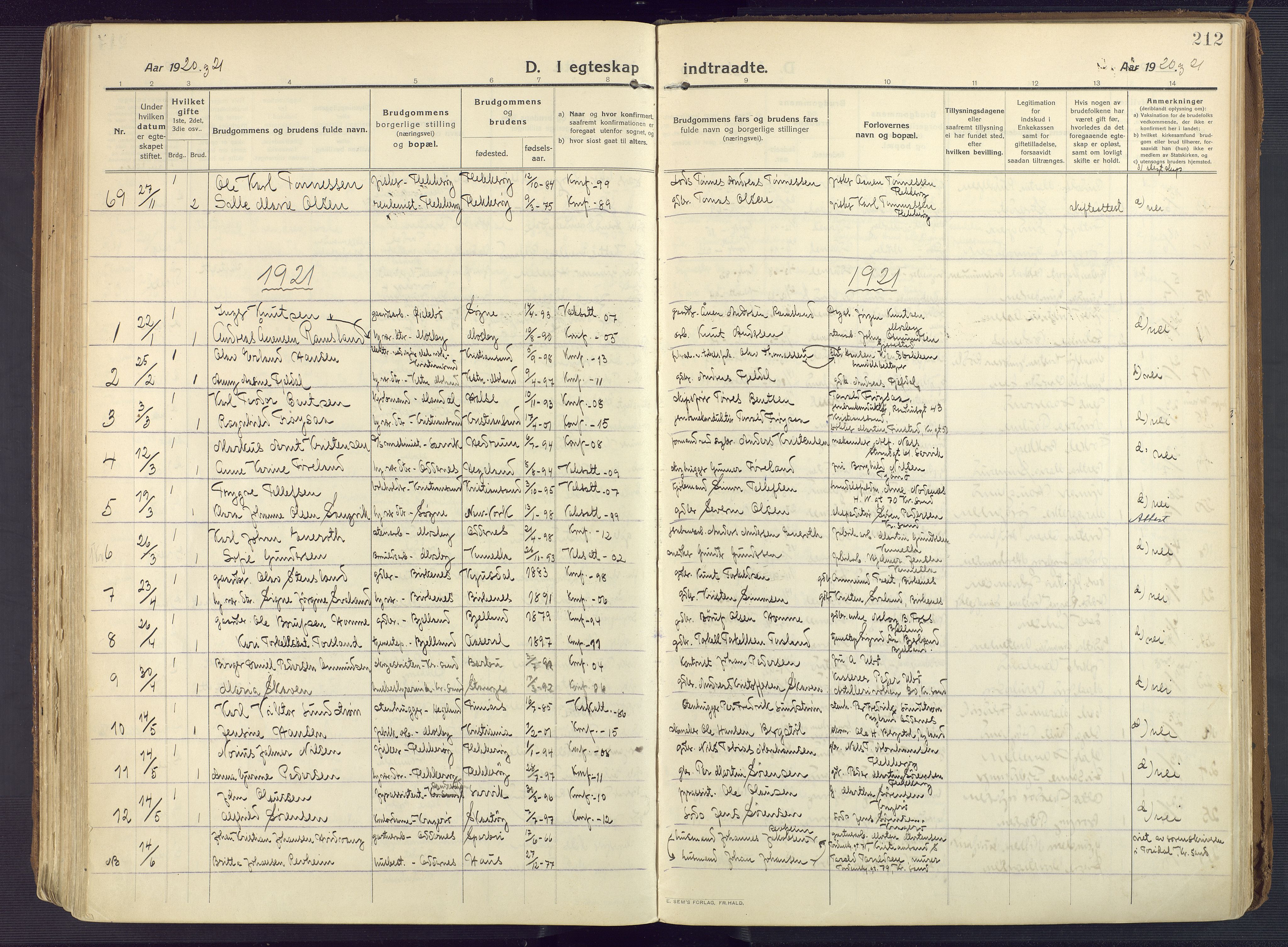 Oddernes sokneprestkontor, AV/SAK-1111-0033/F/Fa/Faa/L0012: Parish register (official) no. A 12, 1912-1925, p. 212