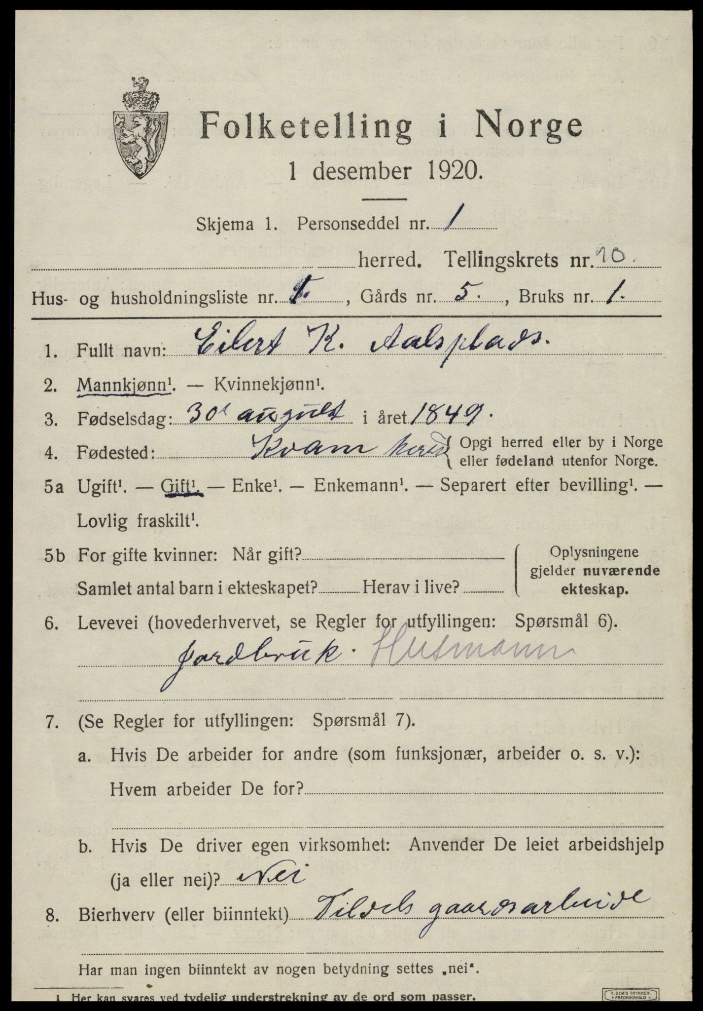 SAT, 1920 census for Kvam, 1920, p. 2515