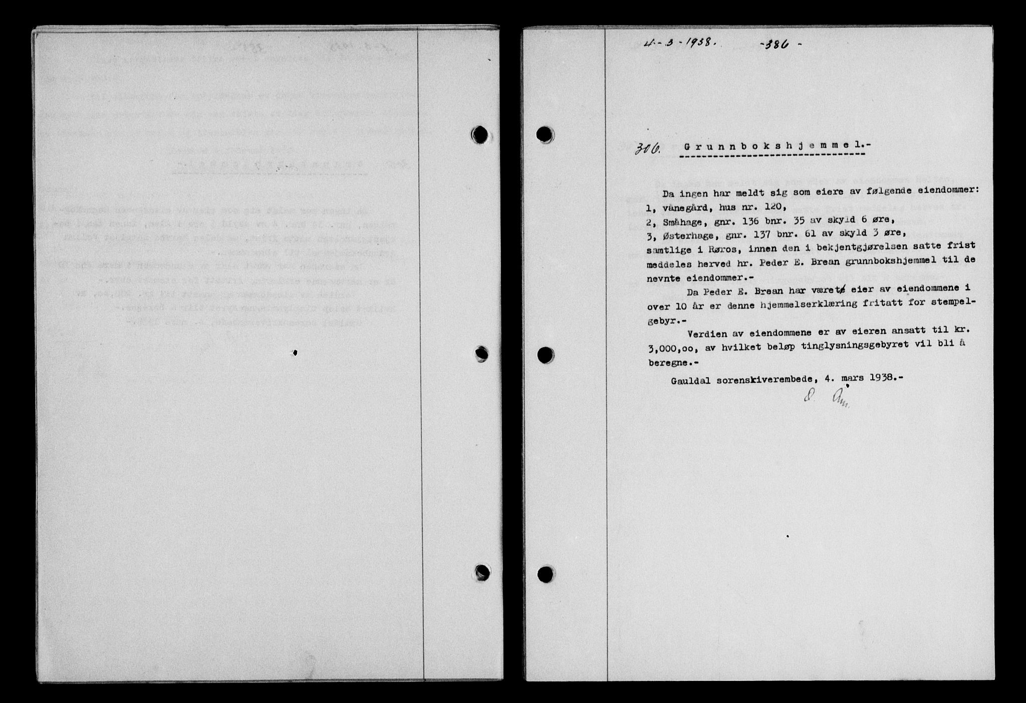 Gauldal sorenskriveri, SAT/A-0014/1/2/2C/L0048: Mortgage book no. 51-52, 1937-1938, p. 386, Diary no: : 306/1938