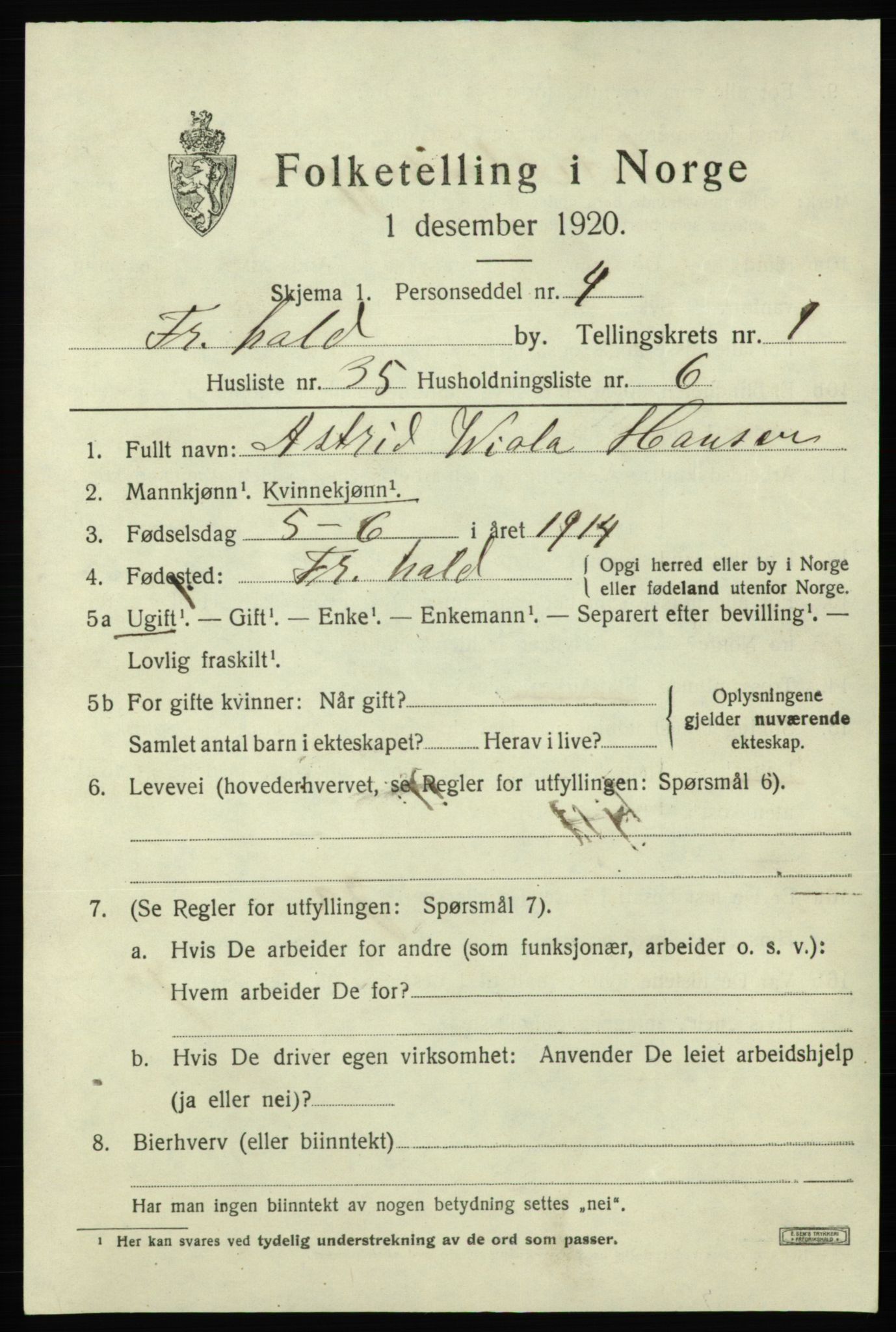SAO, 1920 census for Fredrikshald, 1920, p. 8749