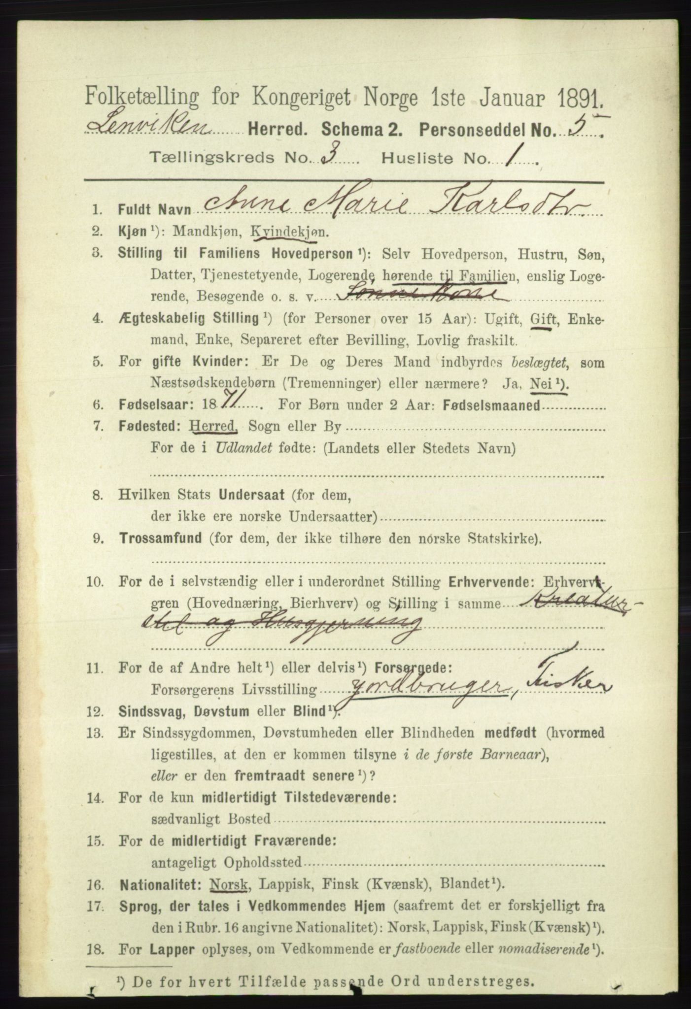 RA, 1891 census for 1931 Lenvik, 1891, p. 1358