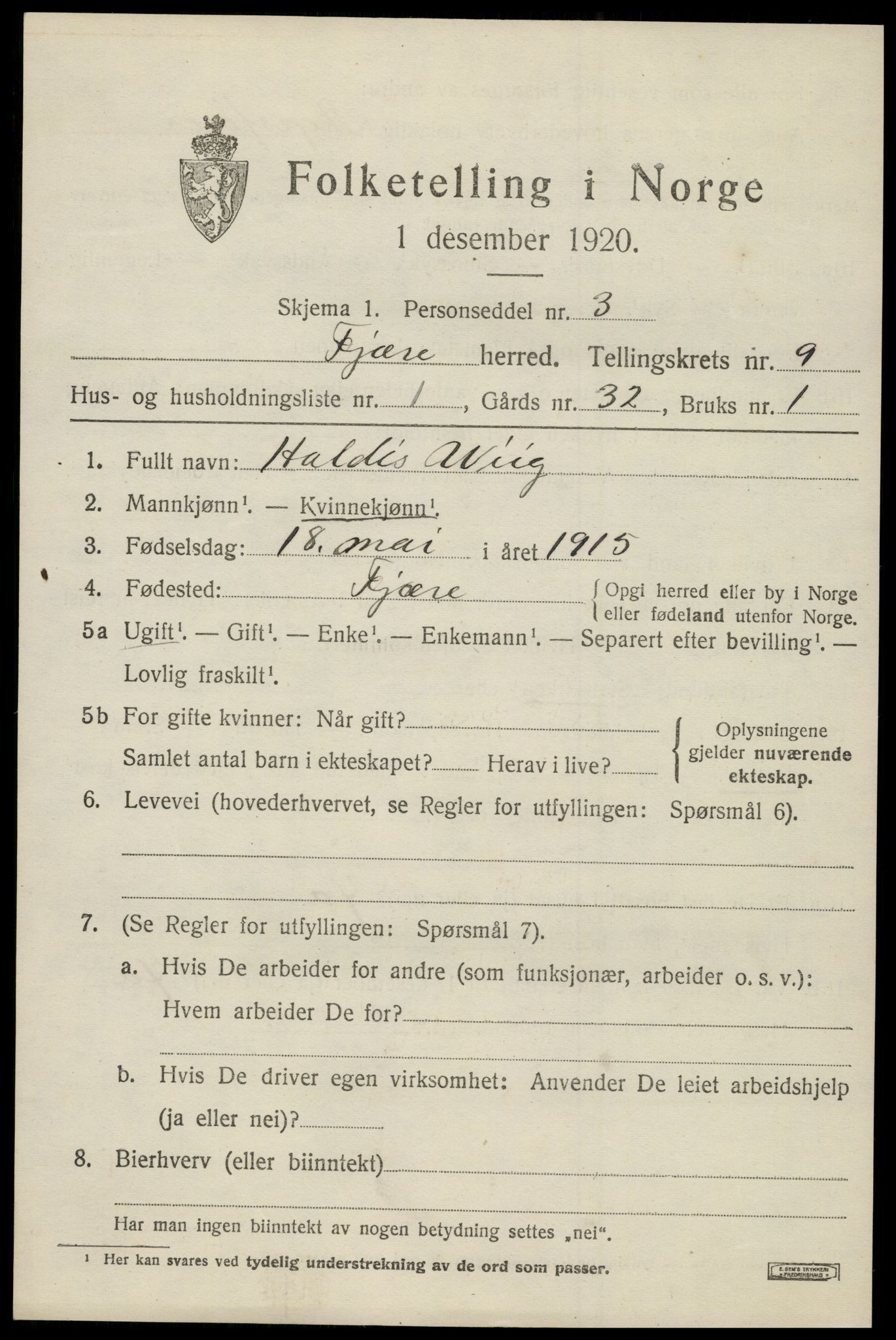 SAK, 1920 census for Fjære, 1920, p. 11203