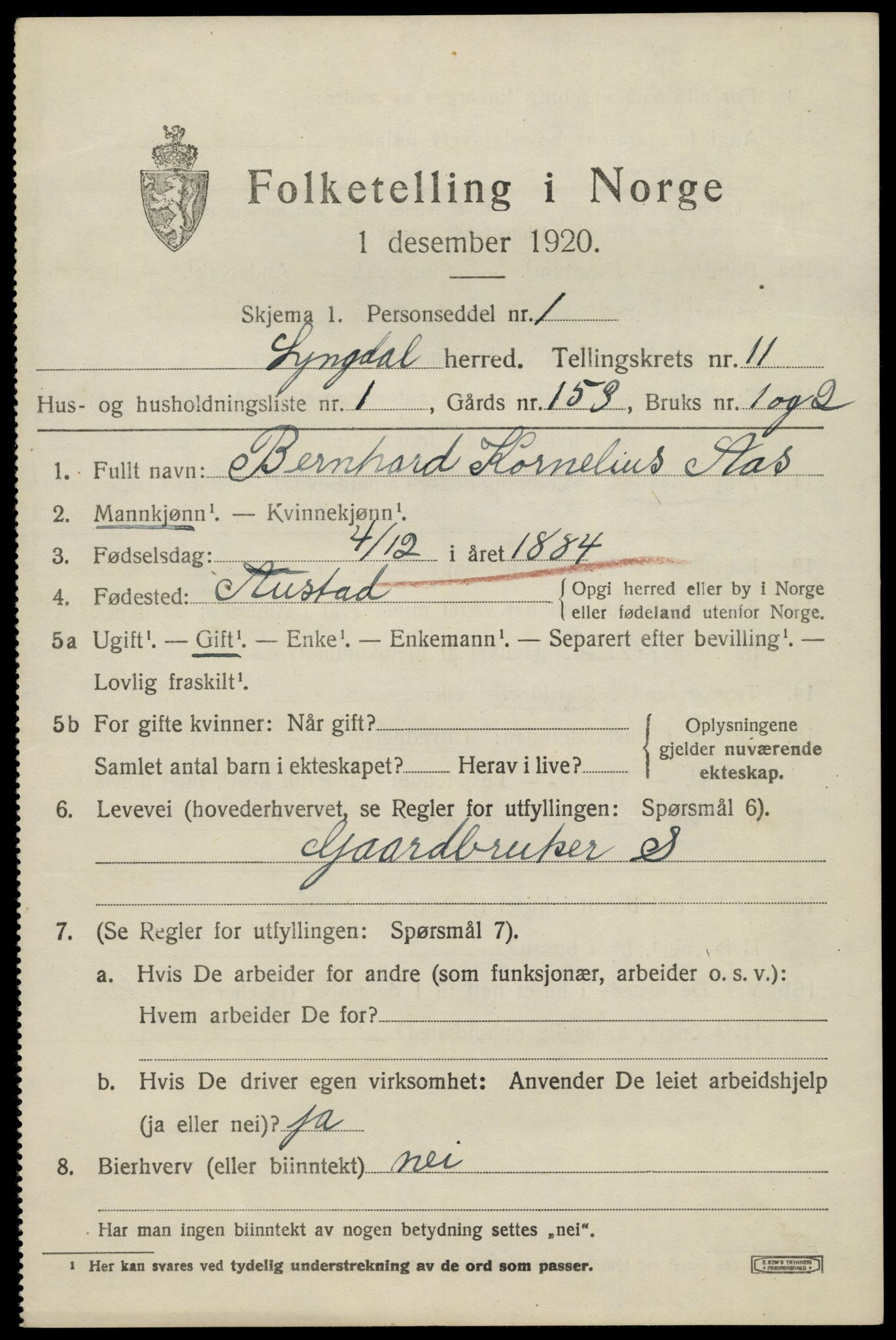 SAK, 1920 census for Lyngdal, 1920, p. 5285