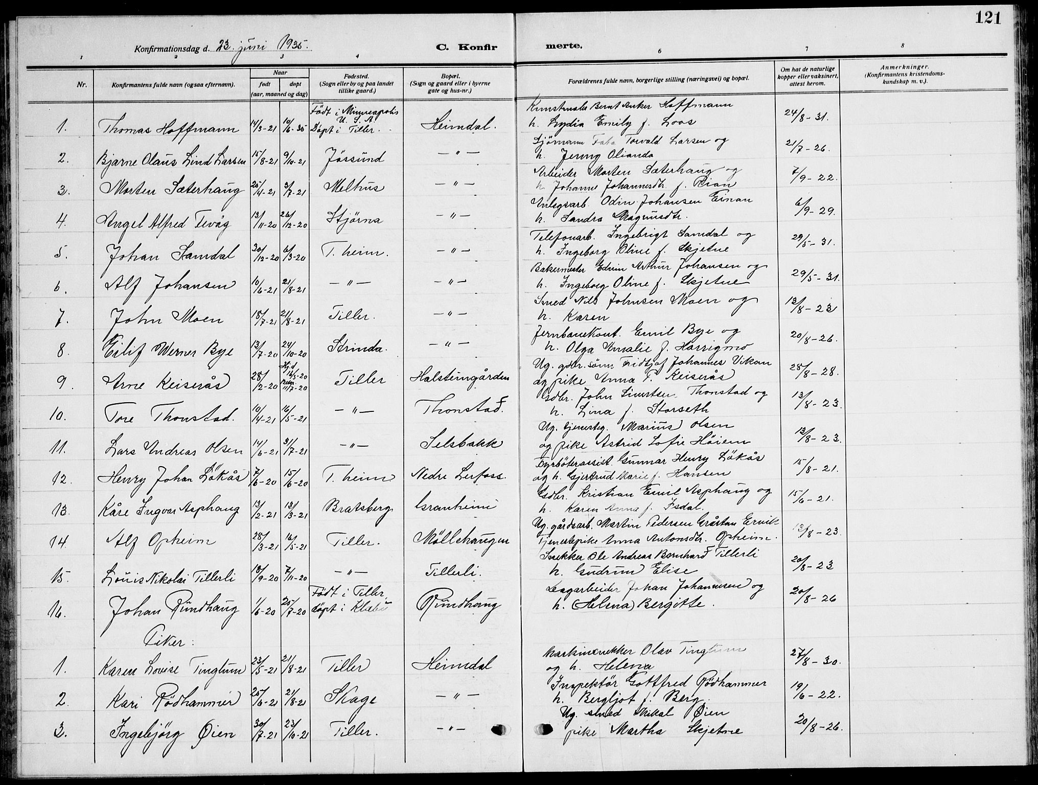 Ministerialprotokoller, klokkerbøker og fødselsregistre - Sør-Trøndelag, SAT/A-1456/621/L0462: Parish register (copy) no. 621C05, 1915-1945, p. 121