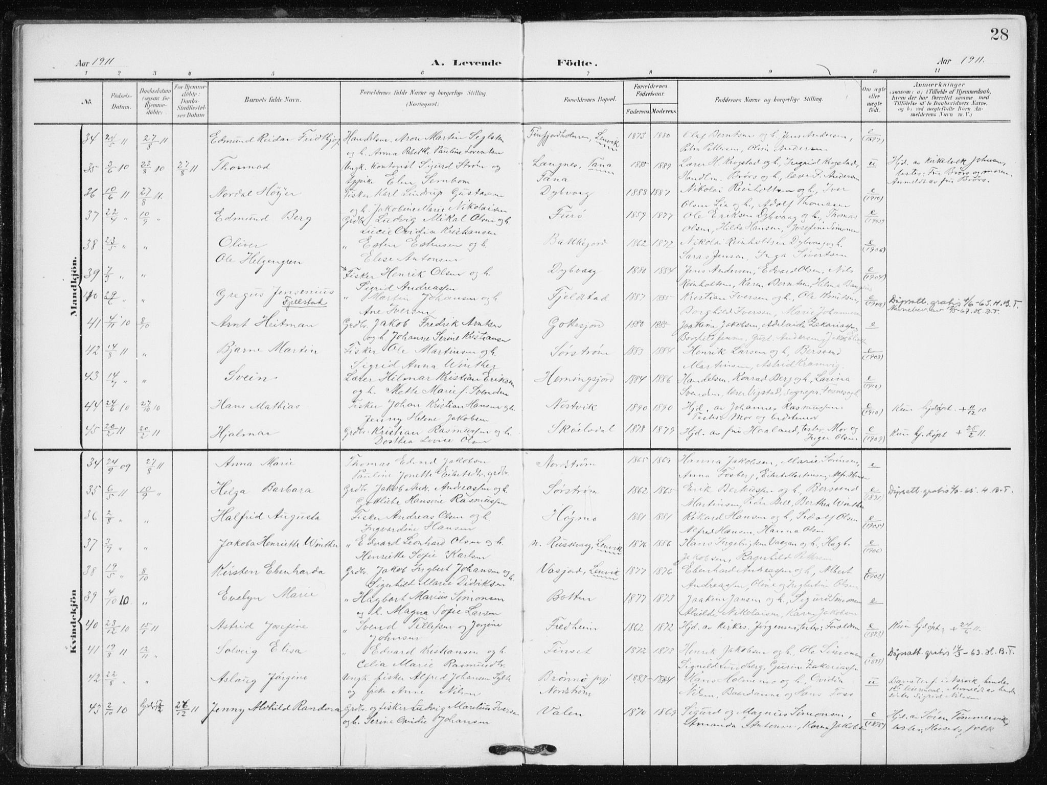 Tranøy sokneprestkontor, AV/SATØ-S-1313/I/Ia/Iaa/L0012kirke: Parish register (official) no. 12, 1905-1918, p. 28