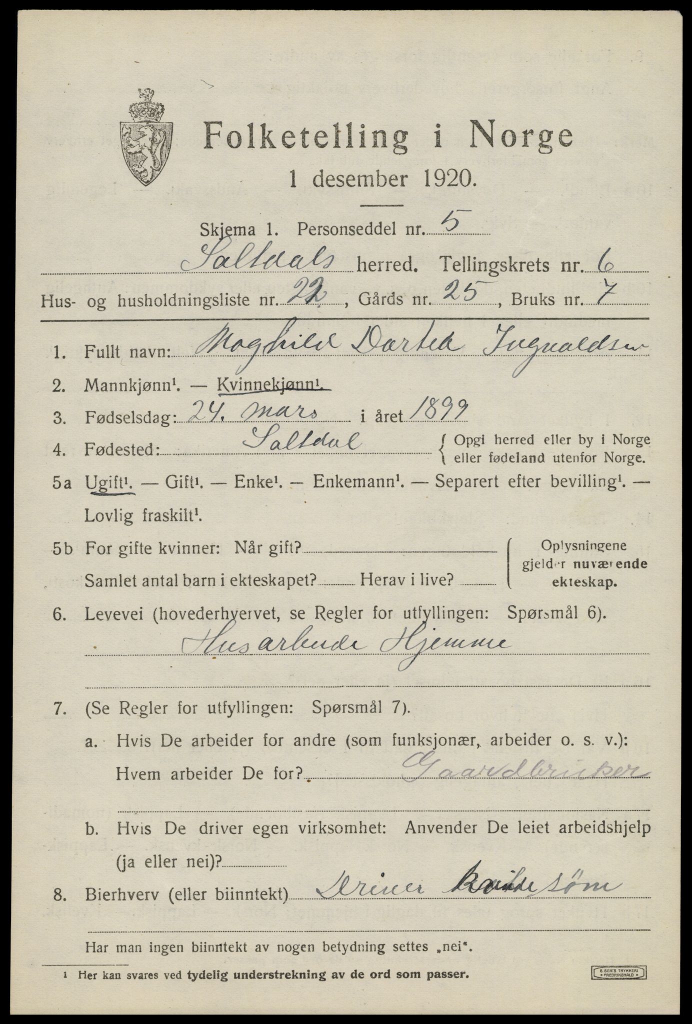 SAT, 1920 census for Saltdal, 1920, p. 7617