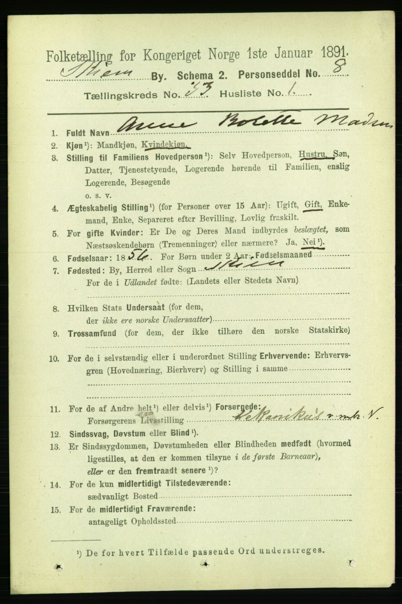 RA, 1891 census for 0806 Skien, 1891, p. 7498