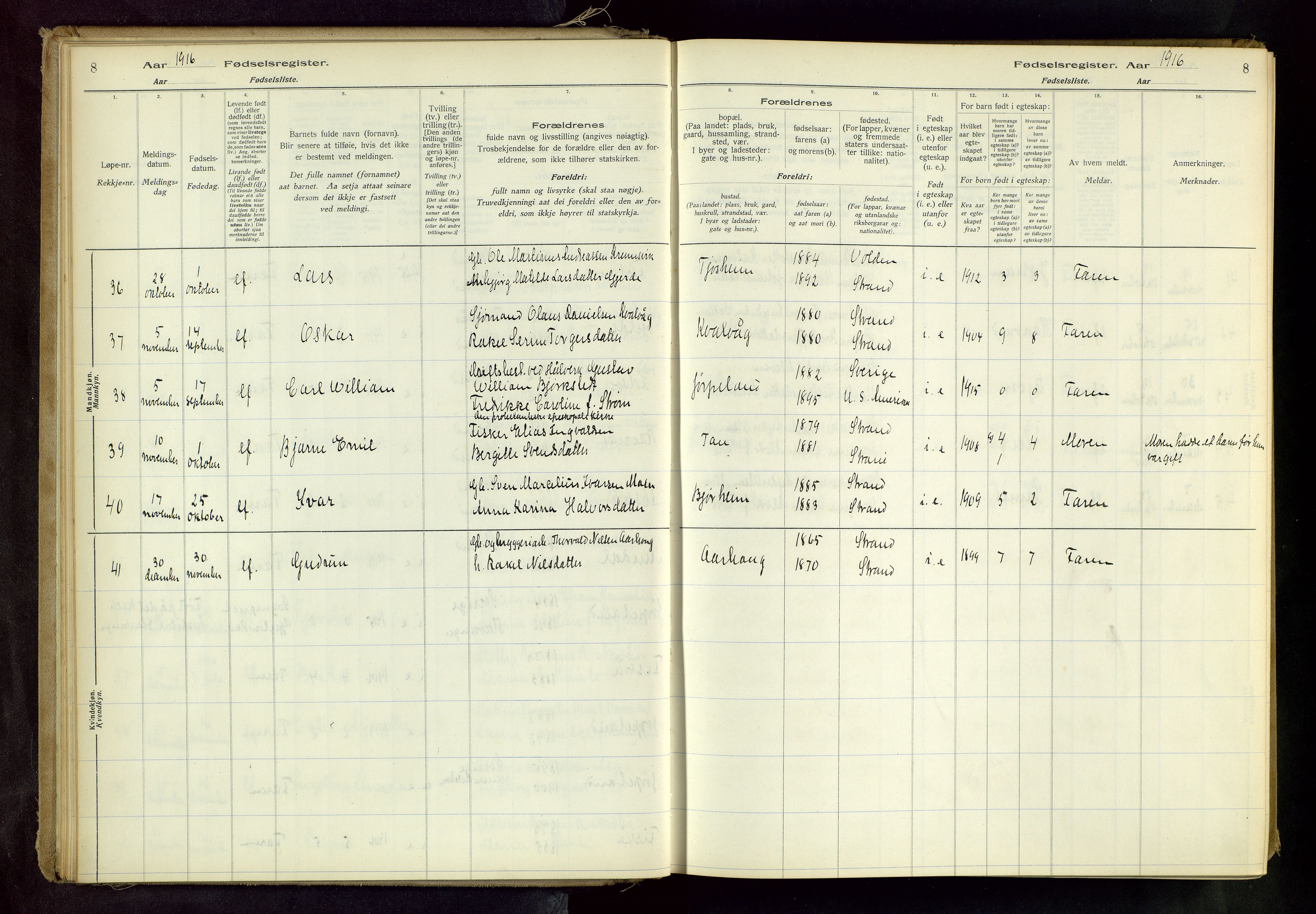 Strand sokneprestkontor, AV/SAST-A-101828/I/Id/L0001: Birth register no. 1, 1916-1938, p. 8