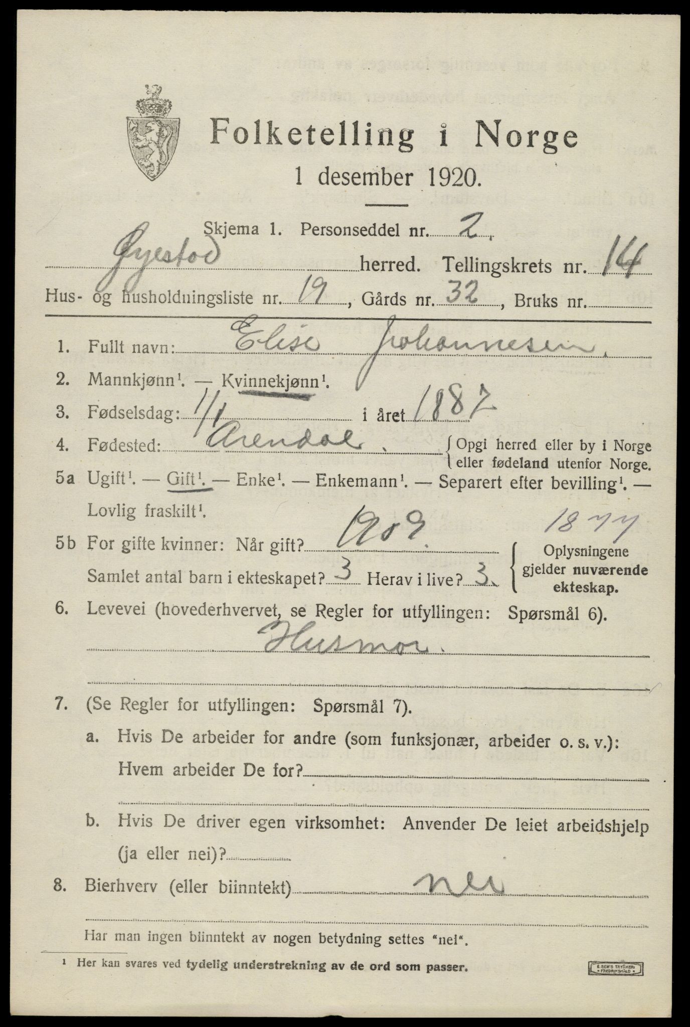 SAK, 1920 census for Øyestad, 1920, p. 9424