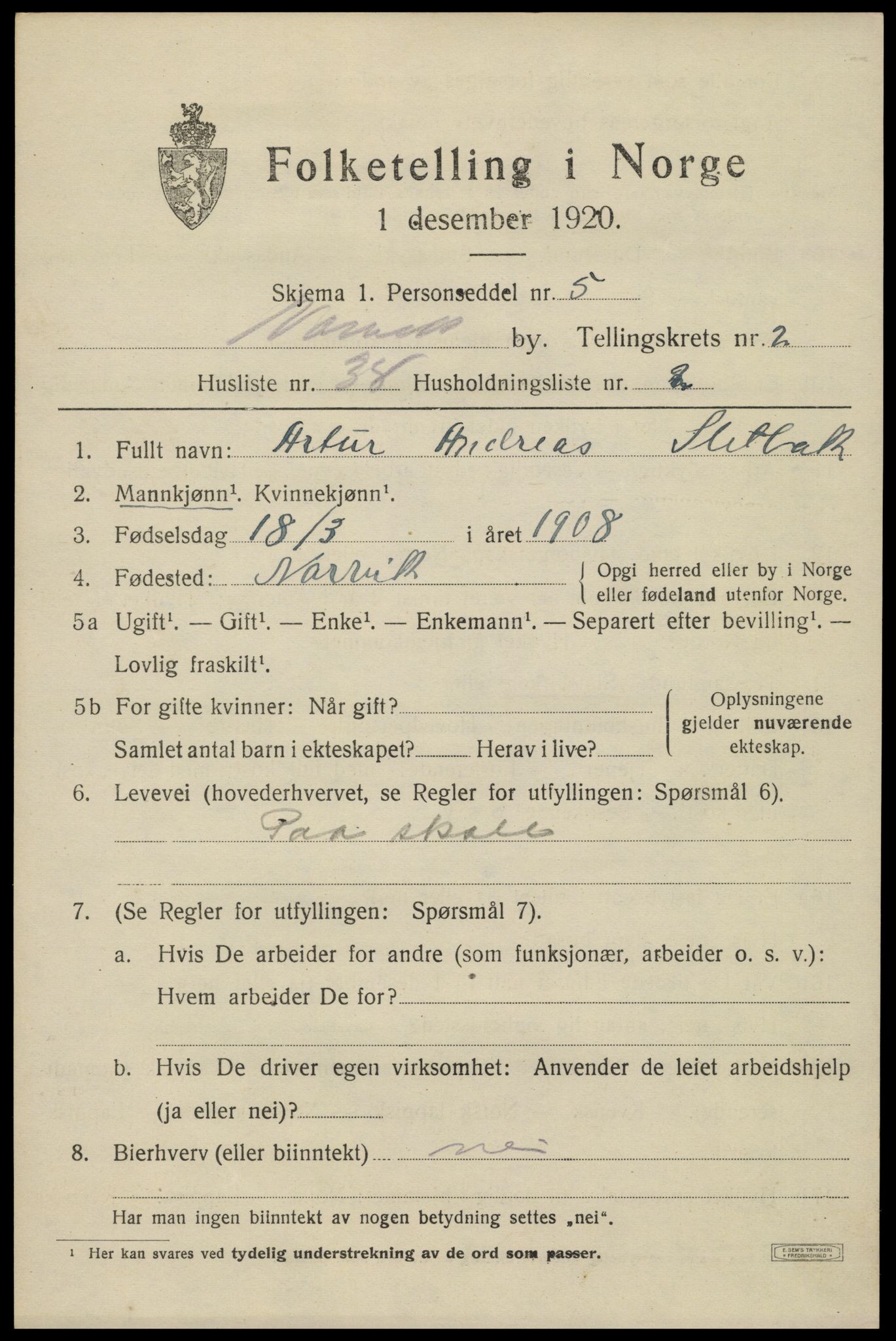 SAT, 1920 census for Narvik, 1920, p. 8844