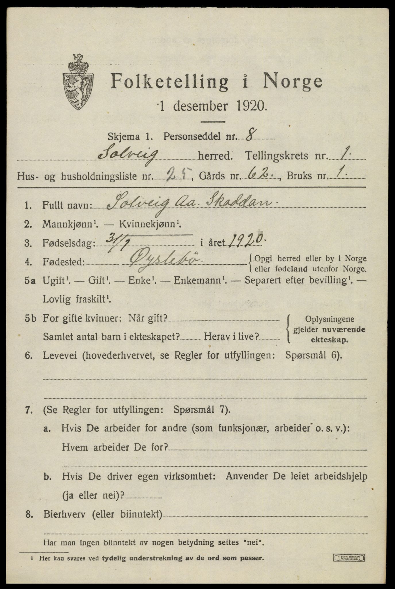 SAK, 1920 census for Øyslebø, 1920, p. 724