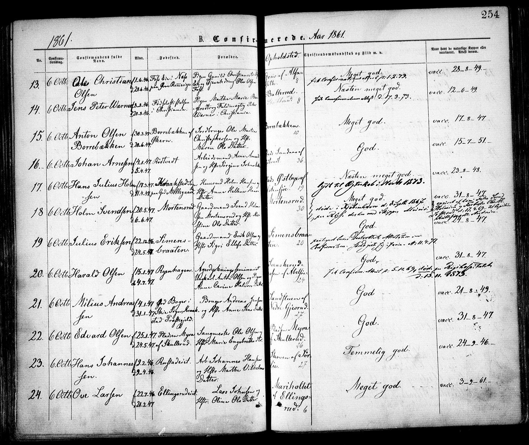 Østre Aker prestekontor Kirkebøker, SAO/A-10840/F/Fa/L0001: Parish register (official) no. I 1, 1861-1869, p. 254