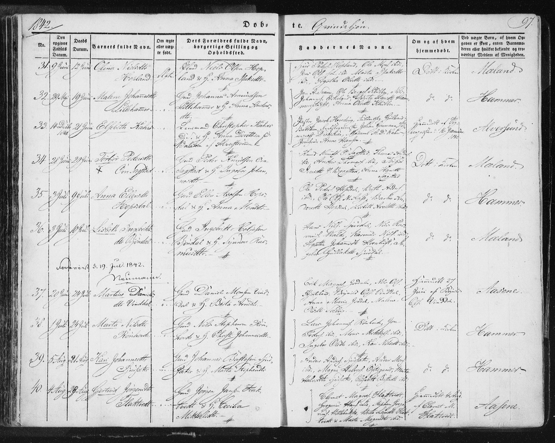 Hamre sokneprestembete, AV/SAB-A-75501/H/Ha/Haa/Haaa/L0012: Parish register (official) no. A 12, 1834-1845, p. 97